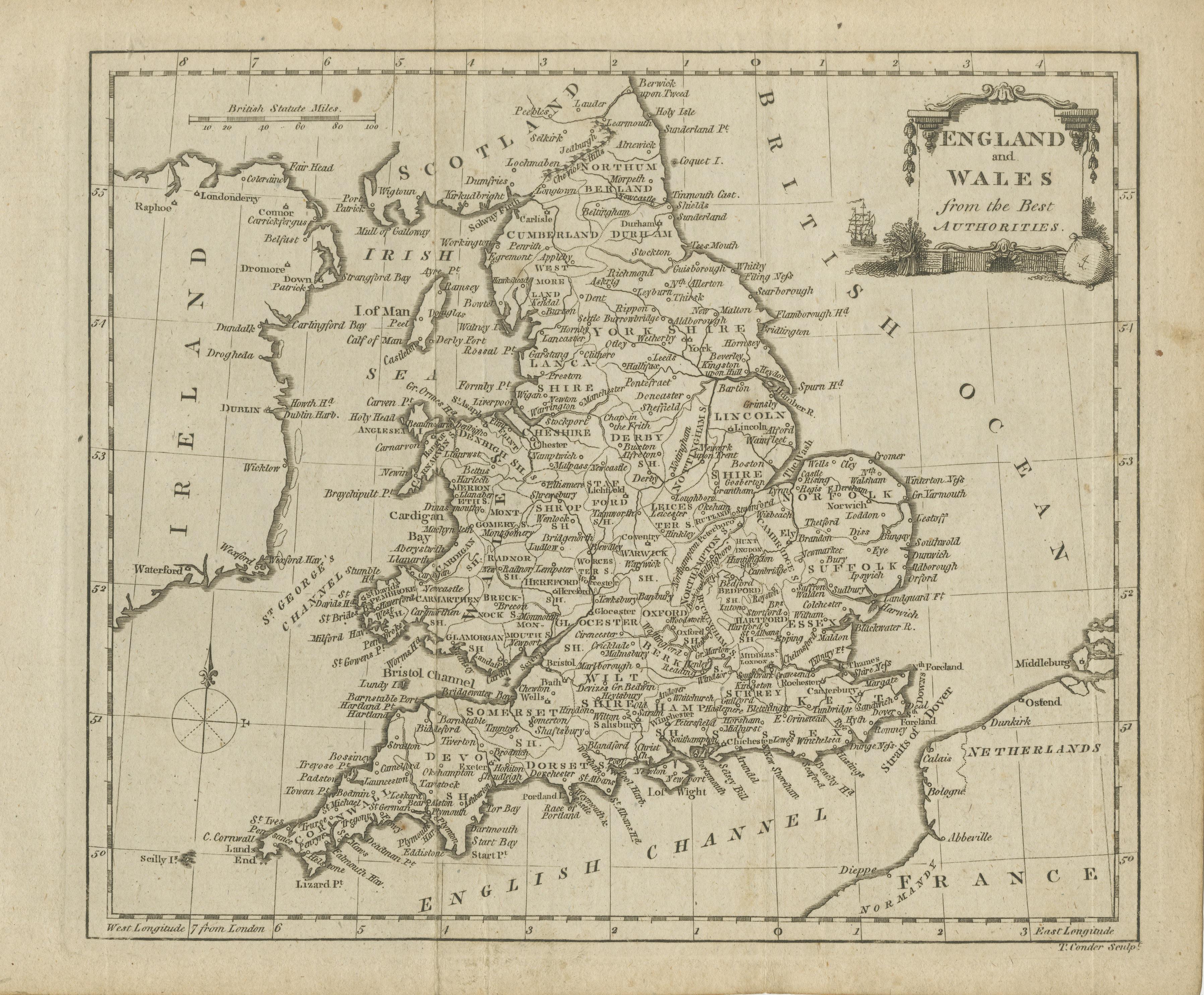 Carte ancienne d'origine d'Angleterre et de Galles, avec cartouche décorative État moyen - En vente à Langweer, NL