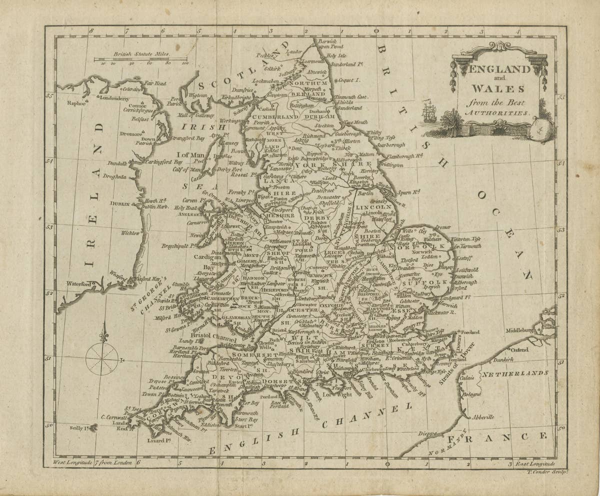 Original Antique Map of England and Wales, with Decorative Cartouche
