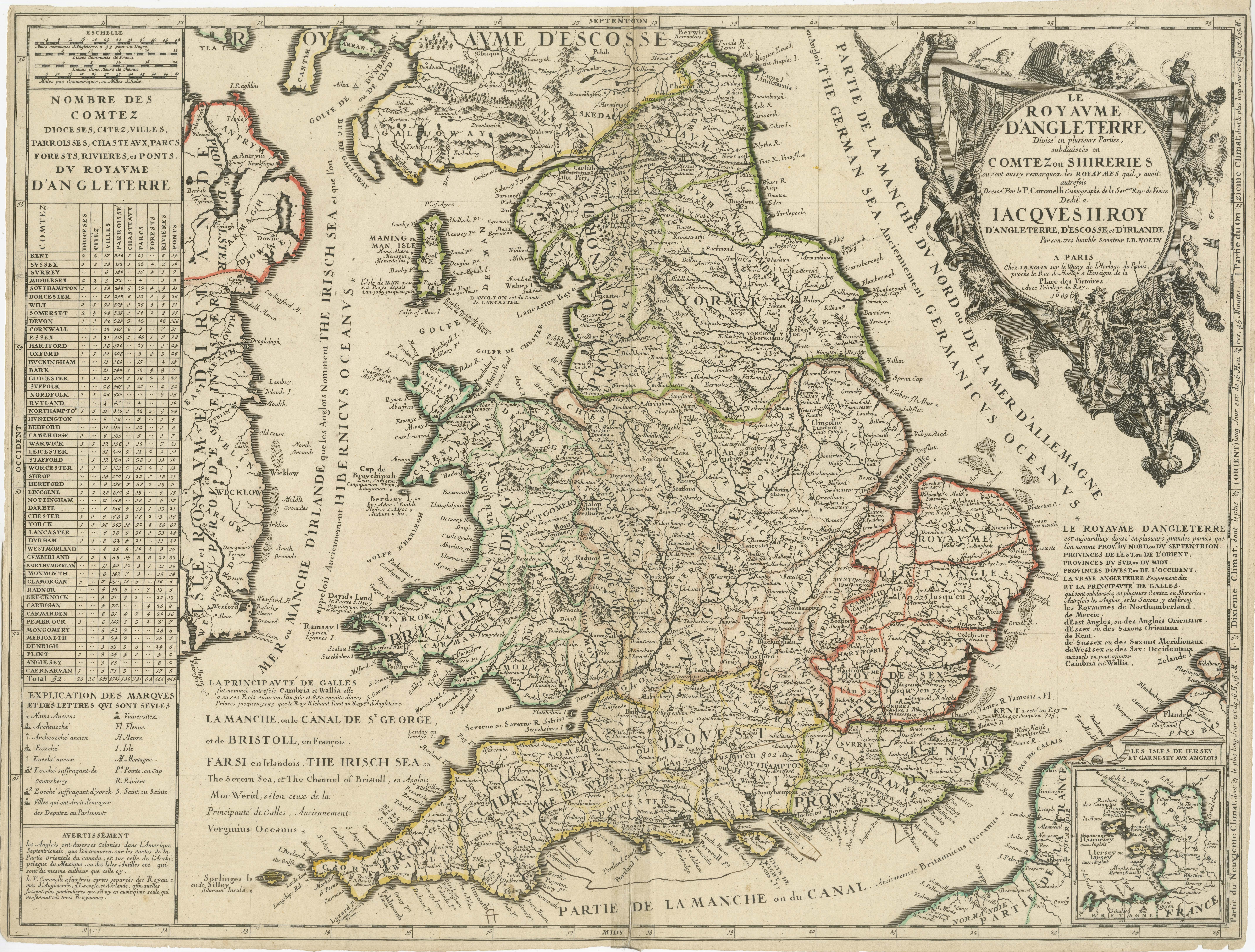 Antique map titled 'Le Royaume d'Angleterre divisé en plusieurs Parties (..)'. Large and rare map of England and Wales by J.B. Nolin after Coronelli. With decorative cartouche, table and inset map of the Jersey and Guernsey Islands. Published 1689.