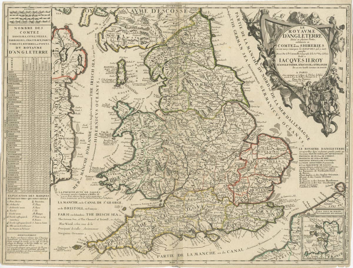 Original Antique Map of England and Wales with Large Cartouche