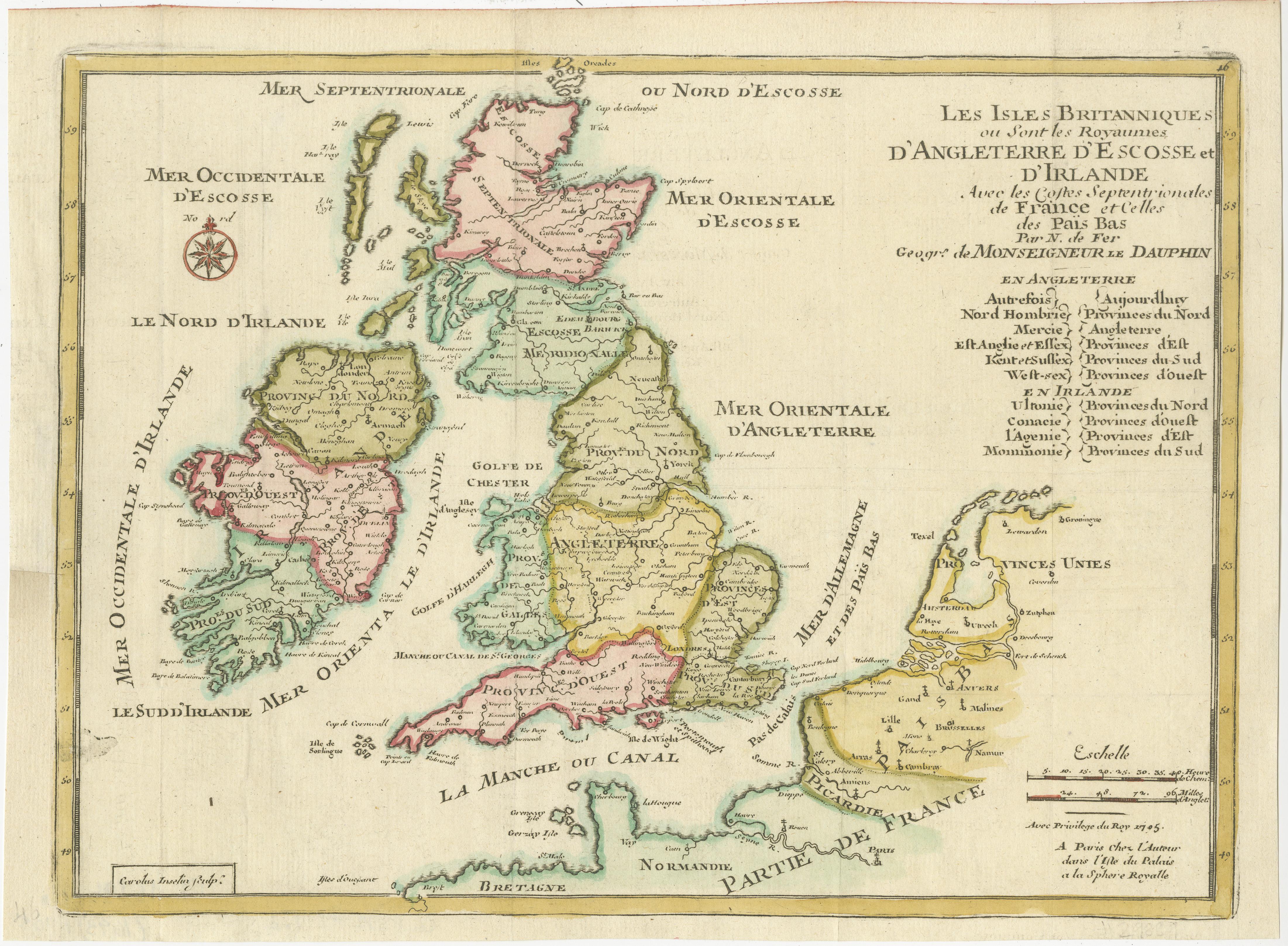 Antique map titled 'Les Isles Britanniques, ou sont les Royaumes d Angleterre (..)'. Detailed map of England, Ireland, Scotland and Wales, with French coast and part of the Netherlands. Shows political and administrative divisions, landmarks and
