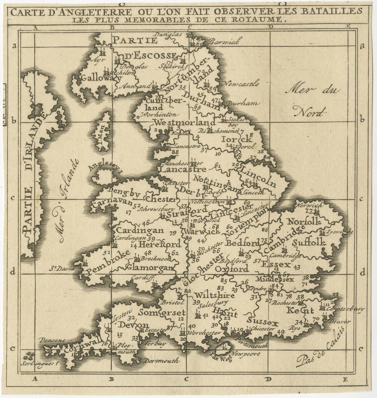 Original Antique Map of England, Showing the Most Memorable Battles