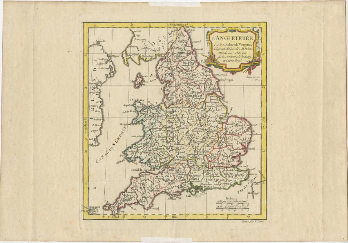 Original Antique Map of England with Decorative Cartouche