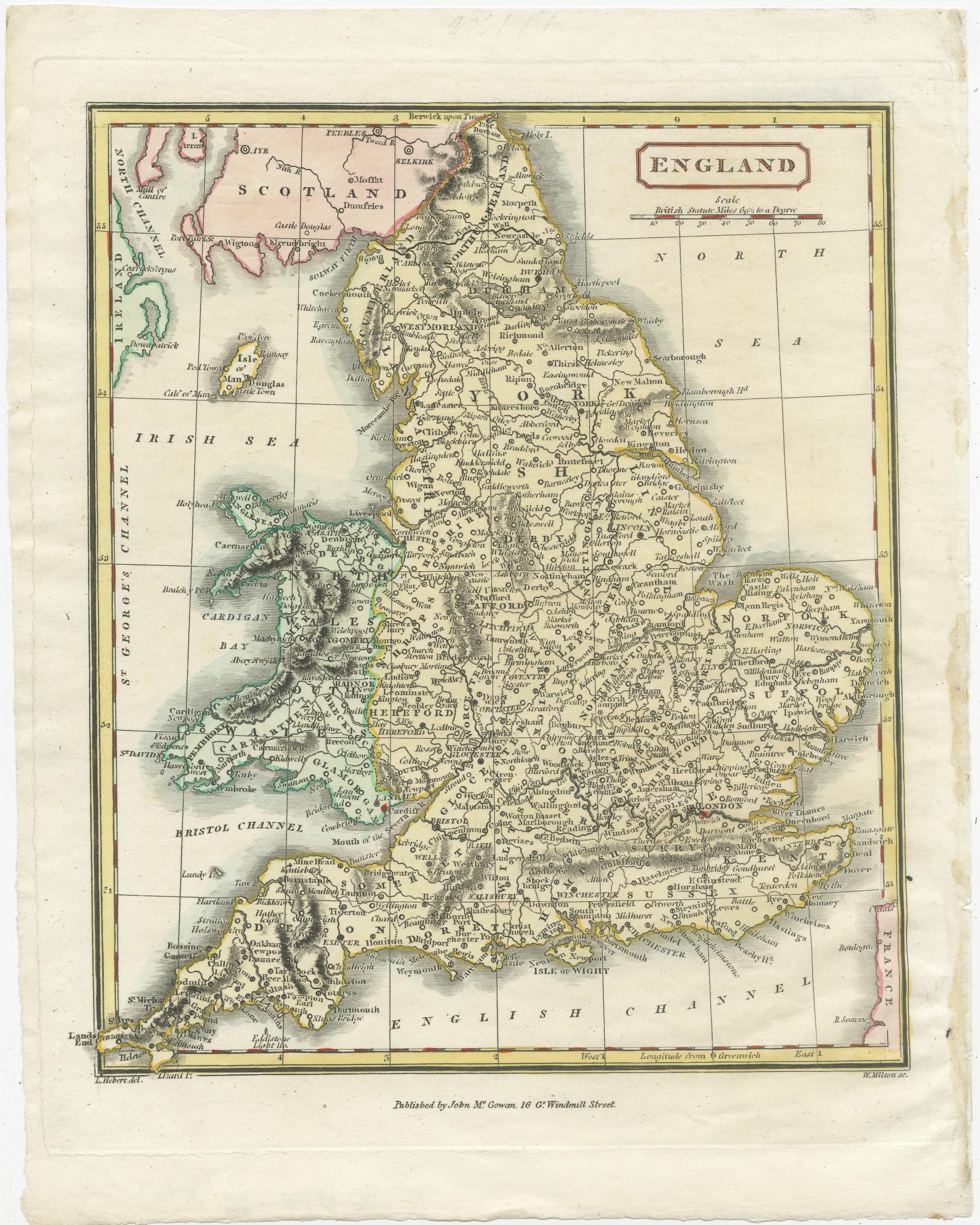 Antique map titled 'Engand'. Original old map of England. Engraved by W. Milton. Published by John Mc. Gowan, circa 1829.