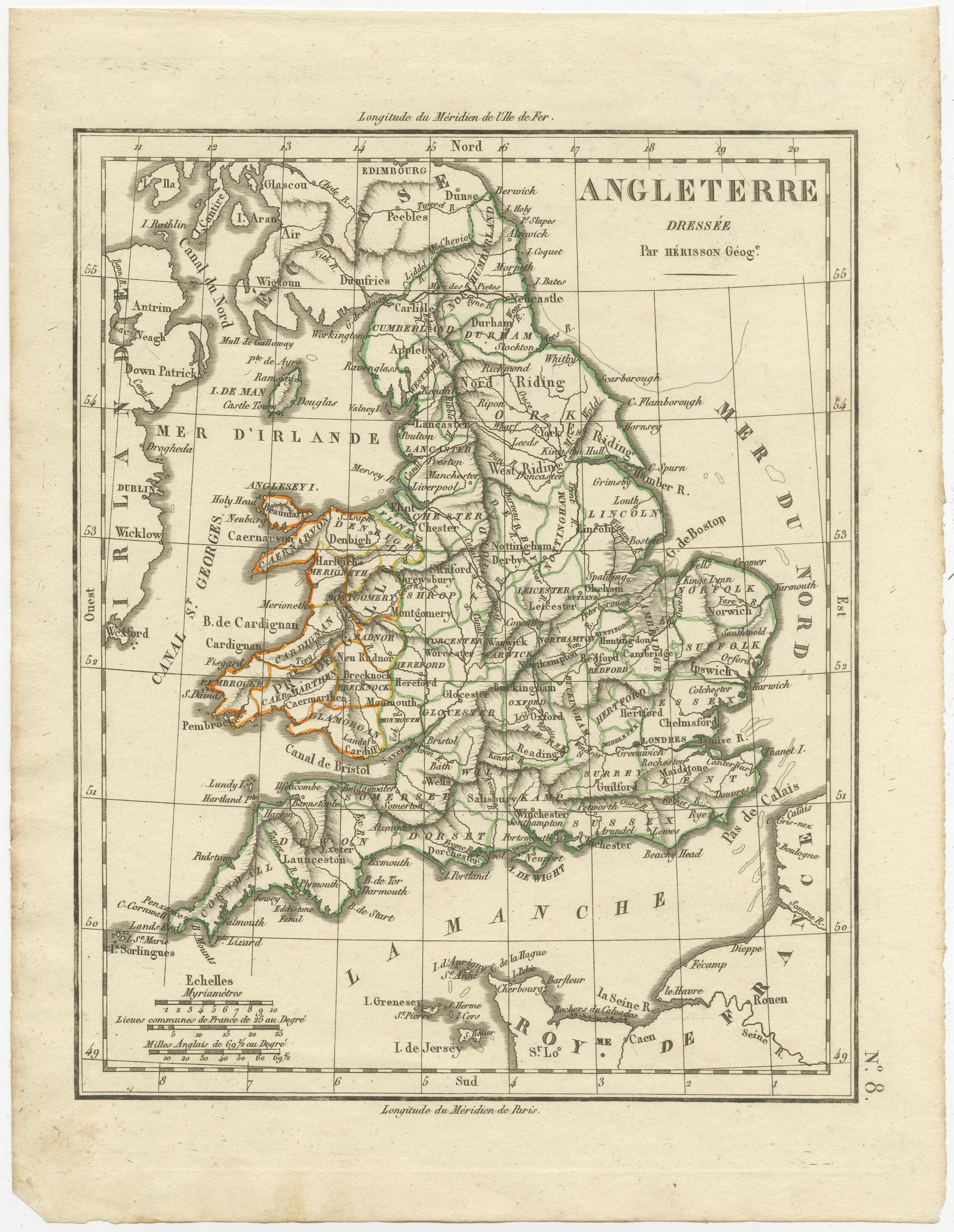 Antique map titled 'Angleterre'. Original old map of England with outline coloring. Source unknown, to be determined. Published circa 1830.