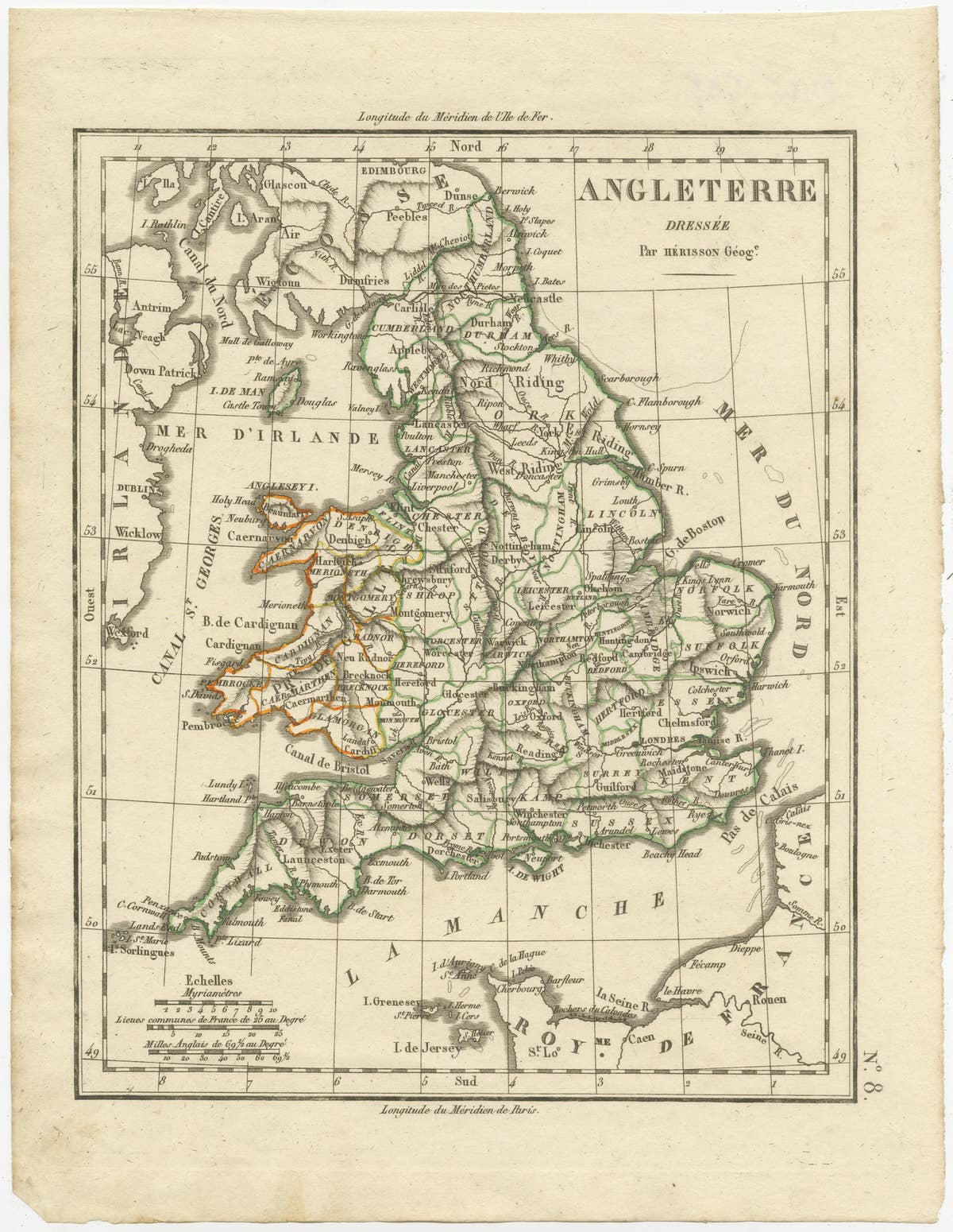 Original Antique Map of England with Outline Coloring