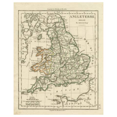 Original Antique Map of England with Outline Coloring