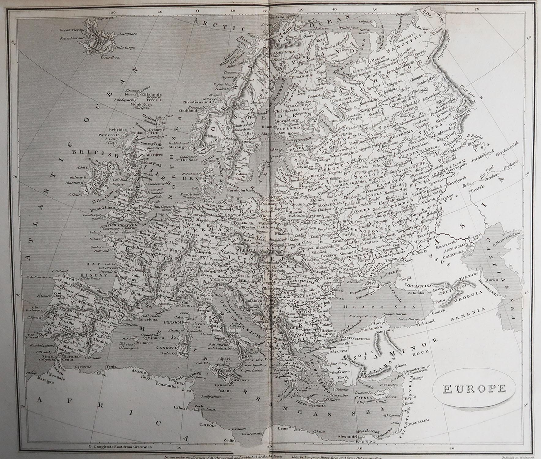 Great map of Europe

Drawn under the direction of Arrowsmith.

Copper-plate engraving.

Published by Longman, Hurst, Rees, Orme and Brown, 1820

Unframed.