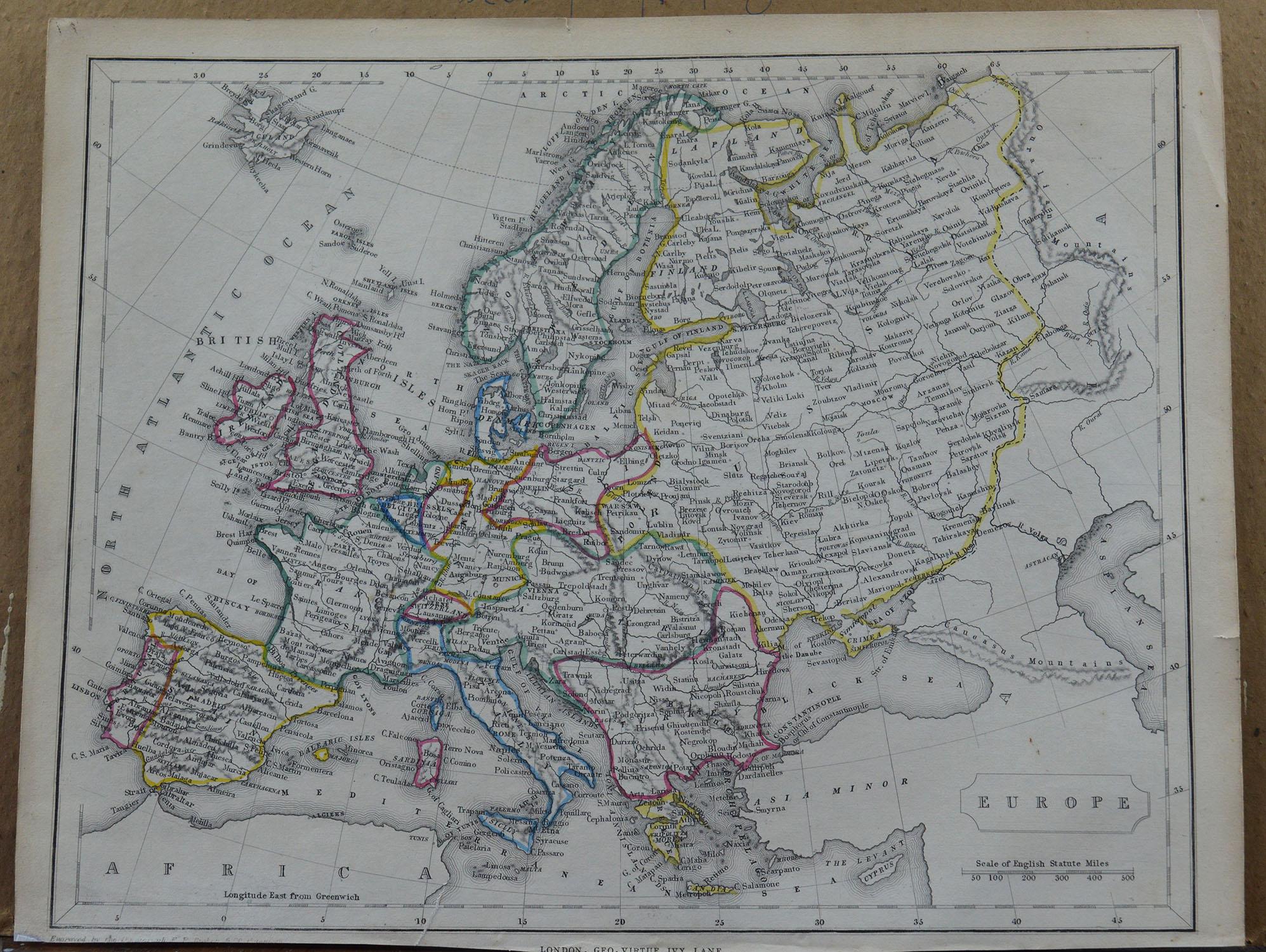 Great map of Europe

Steel engraving with original color outline

Engraved by Becker

Published by Virtue, circa 1840.

Unframed.

Repair to a minor tear on bottom edge


 