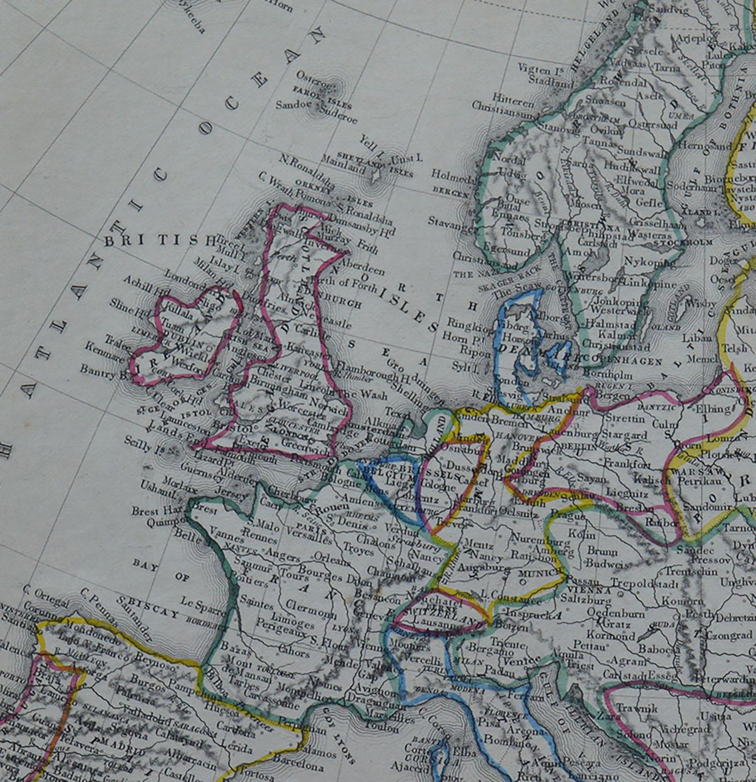 English Original Antique Map of Europe by Becker, circa 1840