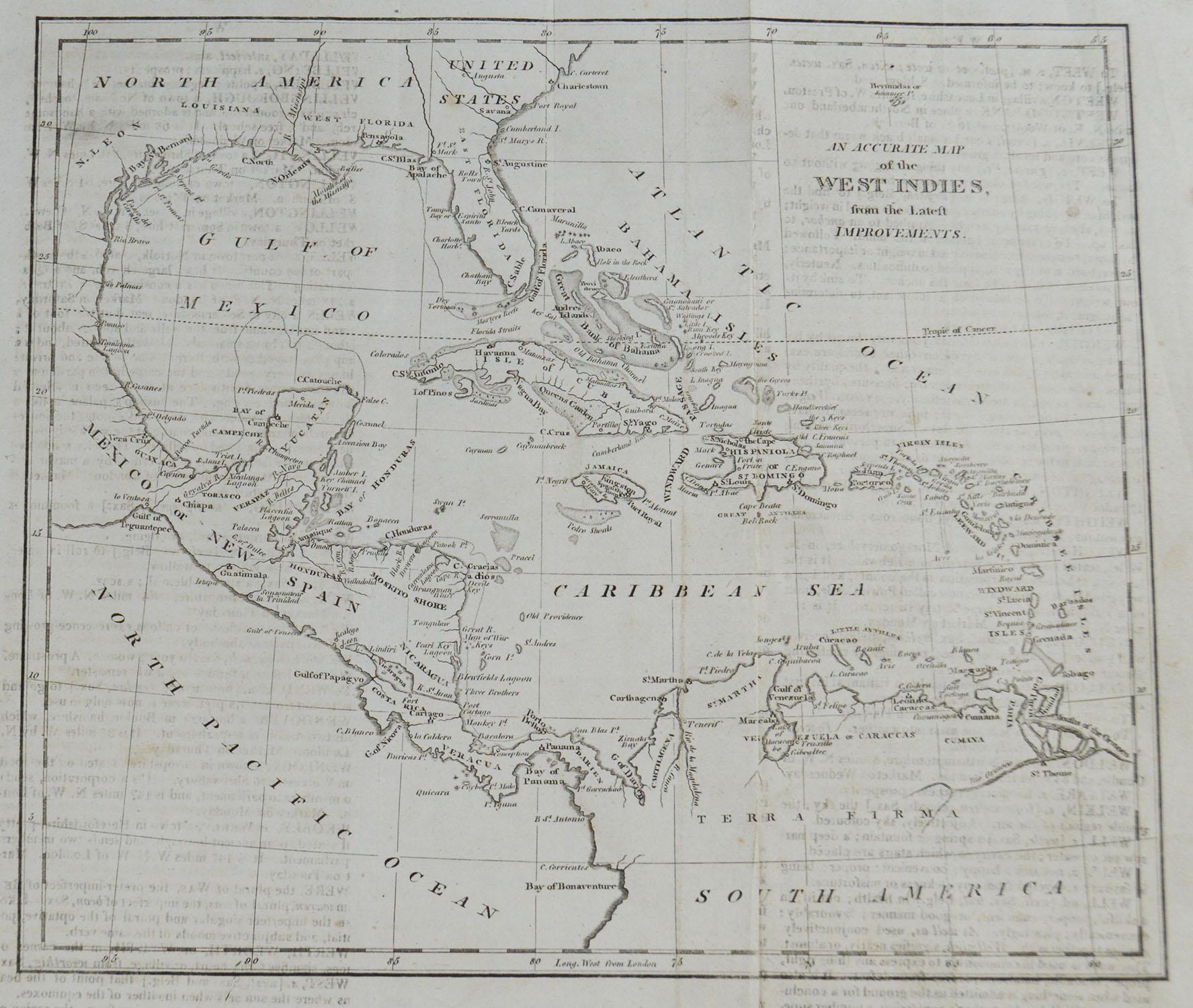 Great map of The Caribbean showing Florida, Bahamas etc.

Copper plate engraving

Published in The Barclays Dictionary, circa 1800.

Unframed

Some ghost text visible on map.

 