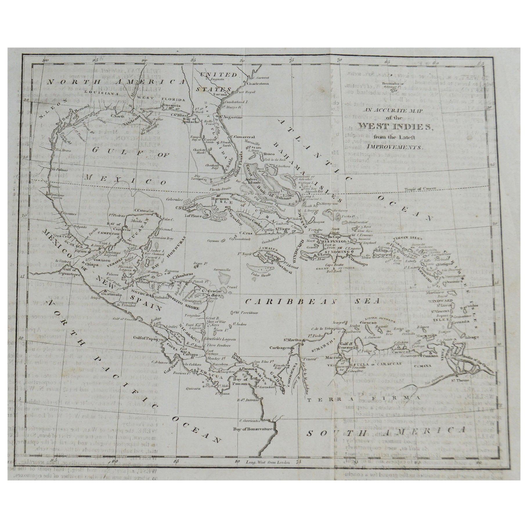 Original Antique Map of Florida & The Caribbean, circa 1800