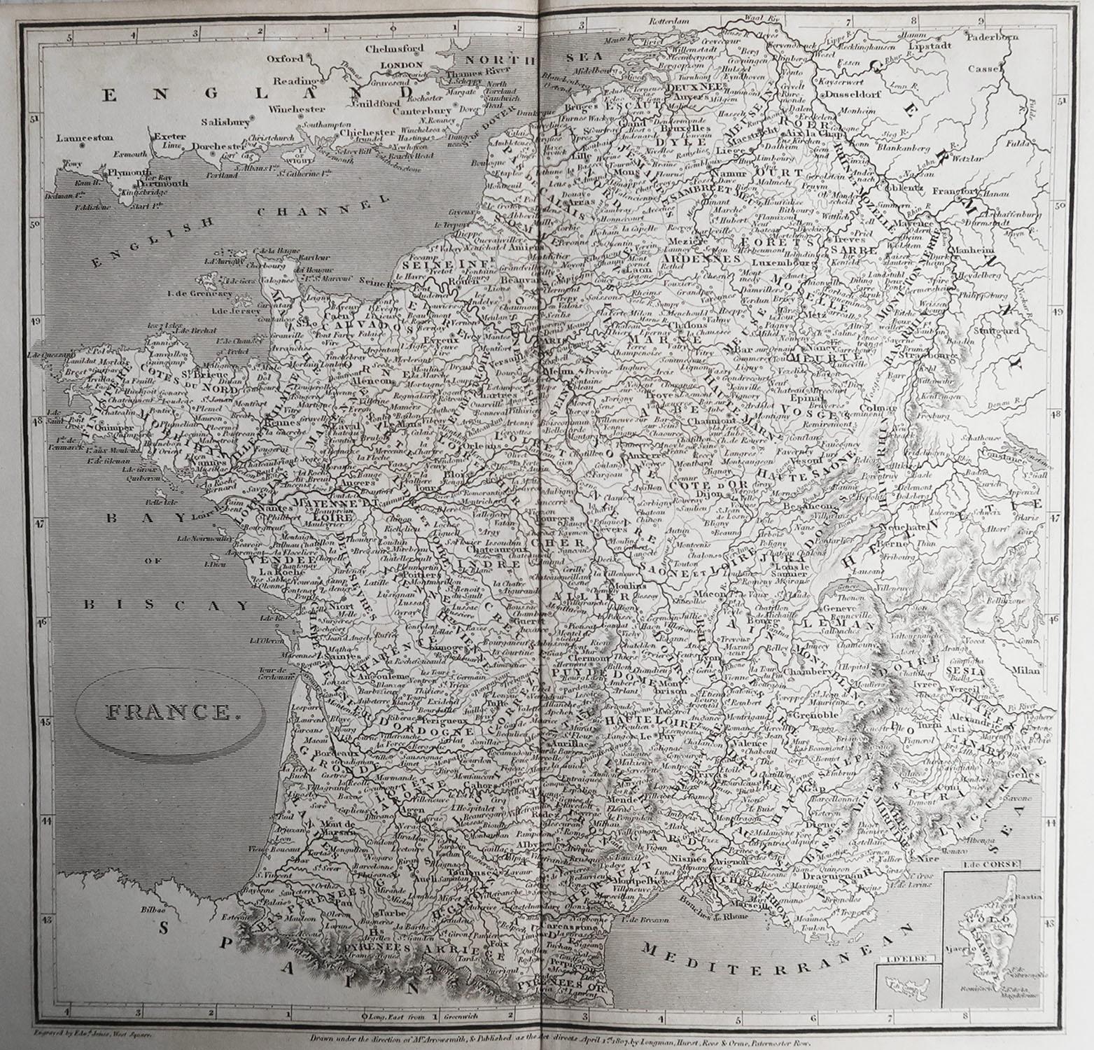 Great map of France

Drawn under the direction of Arrowsmith.

Copper-plate engraving.

Published by Longman, Hurst, Rees, Orme and Brown, 1820

Unframed.