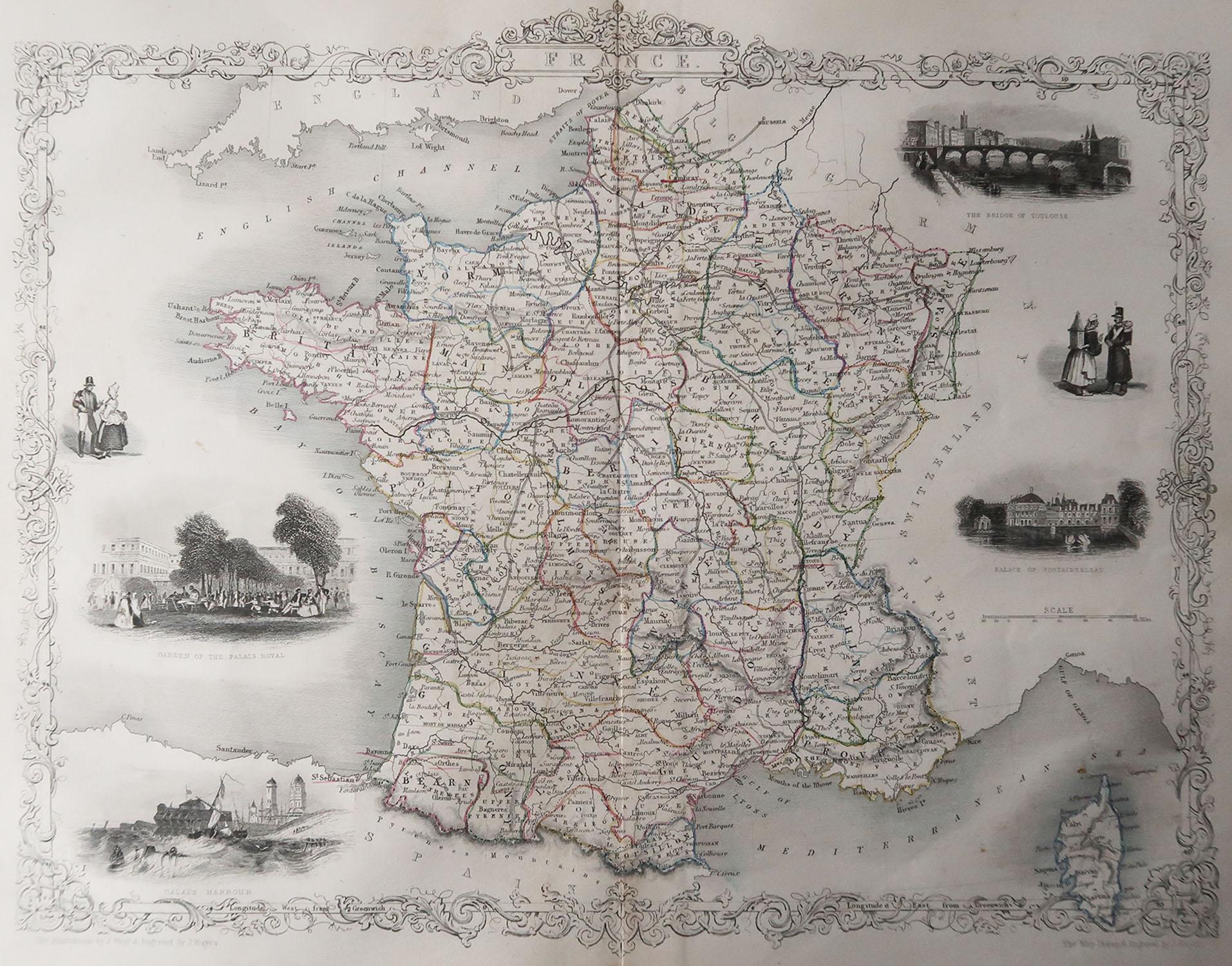 Great map of France

Steel engraving

Many lovely vignettes 

Published by London Printing & Publishing Co. ( Formerly Tallis ), C.1850

Original colour

Free shipping.


