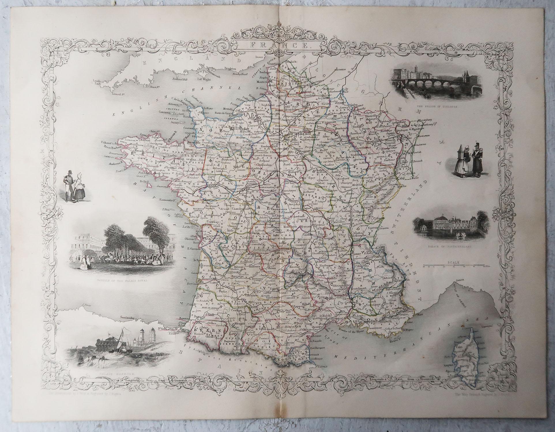 English Original Antique Map of France by Tallis, Circa 1850