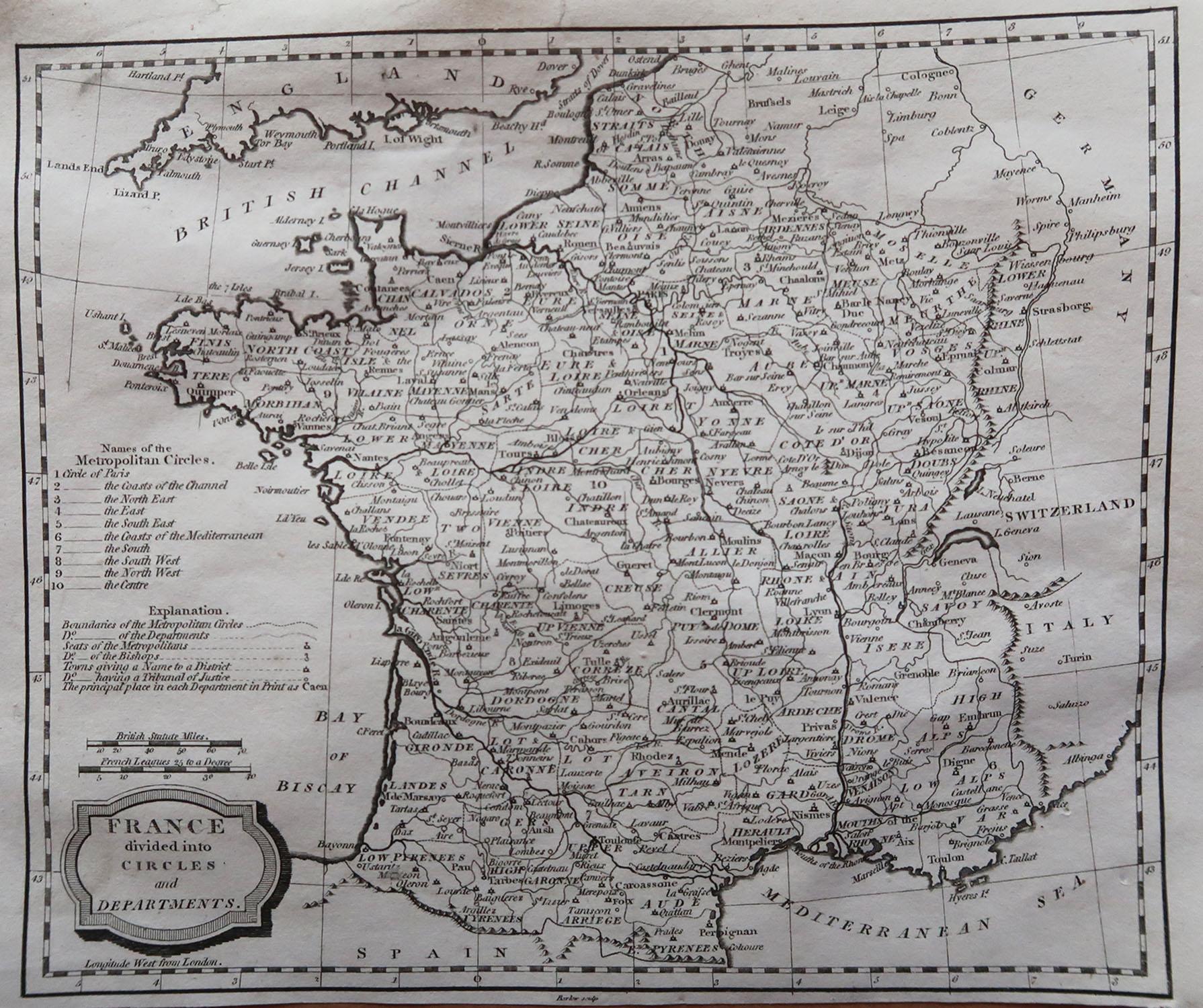 Great map of France

Copper-plate engraving by Barlow

Published by Brightly & Kinnersly, Bungay, Suffolk. 1806

Unframed.

Repair to a minor edge tear top edge.