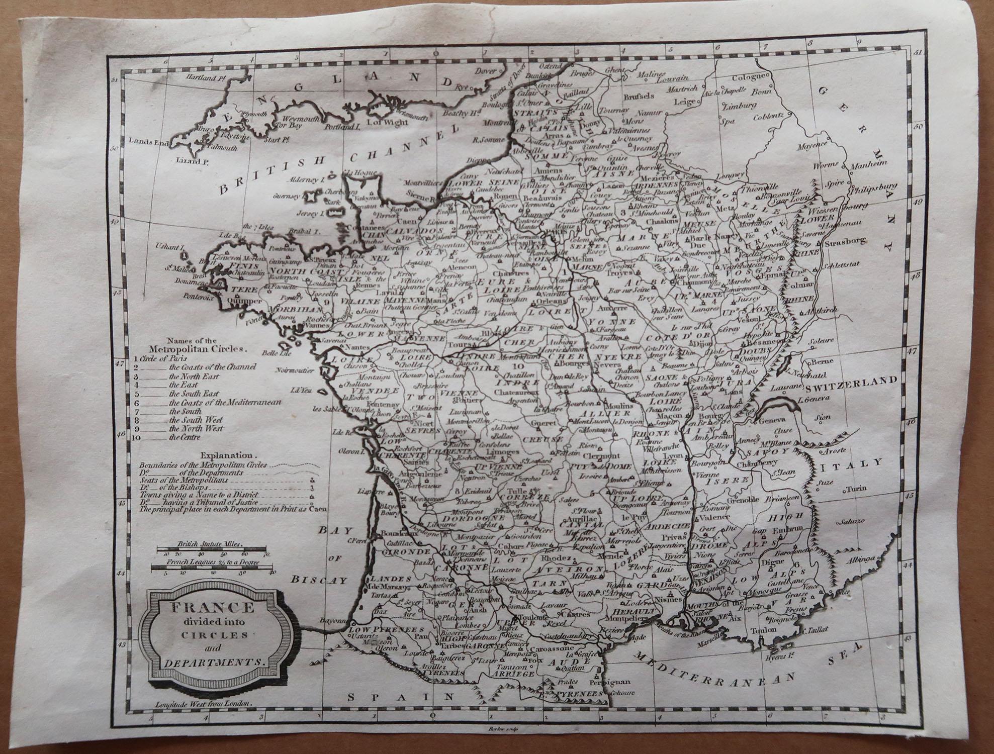 English Original Antique Map of France, Engraved by Barlow, 1806