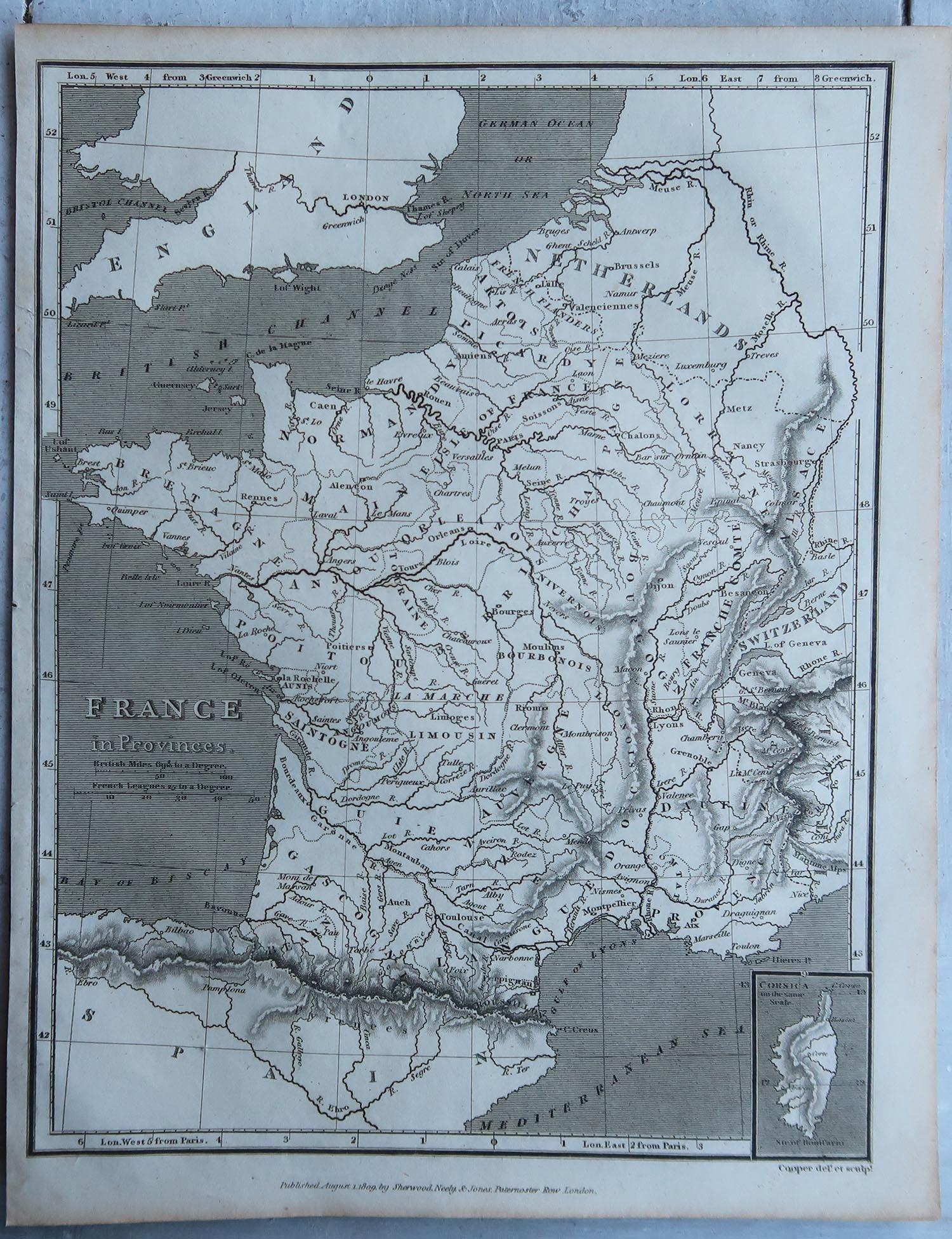 Anglais Carte ancienne originale de France, Sherwood, Neely & Jones, datée de 1809 en vente