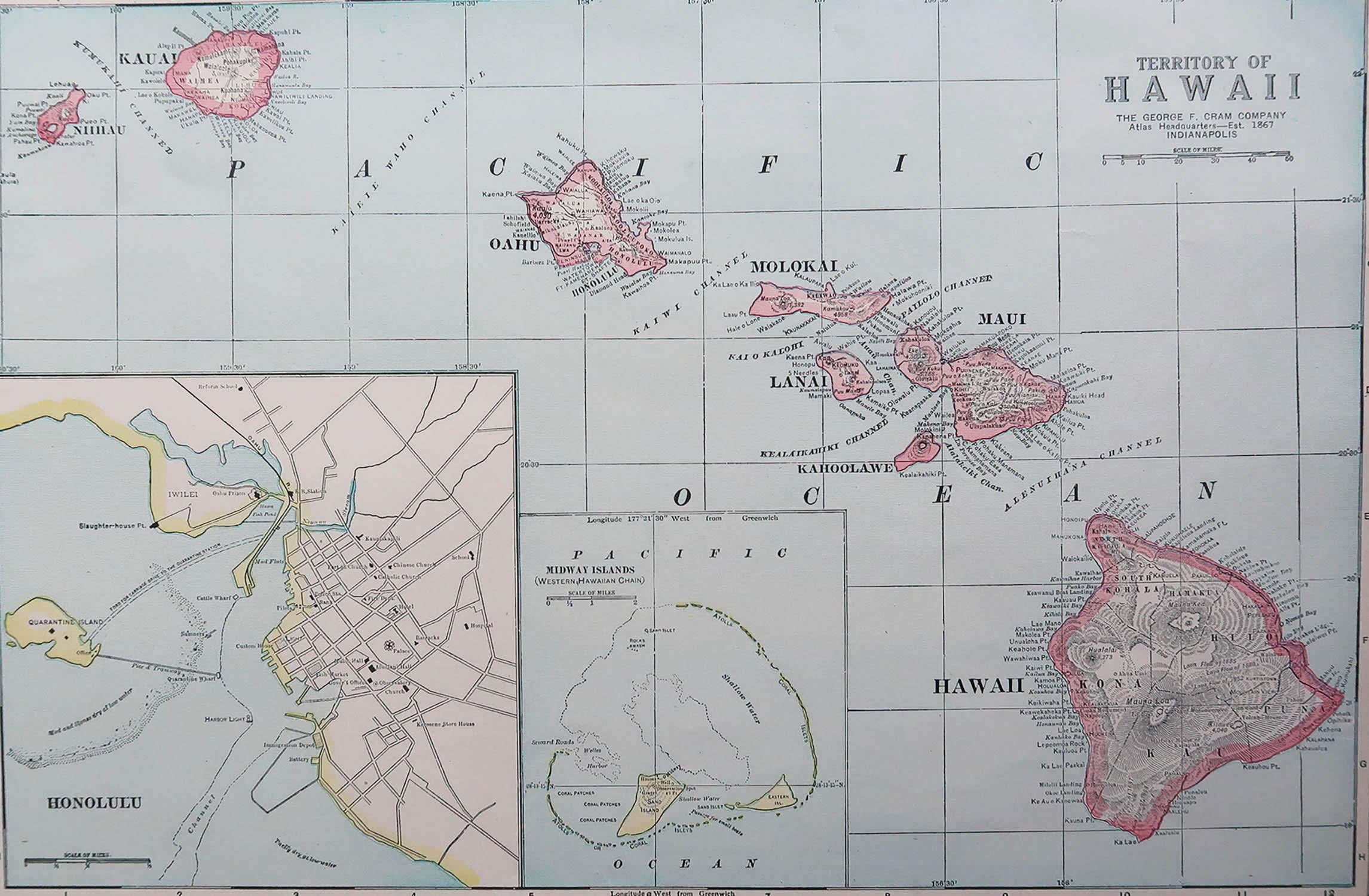 Fabulous map of Hawaii. With a vignette of Honolulu

Original color.

Engraved and printed by the George F. Cram Company, Indianapolis.

Published, C.1900.

Unframed.

Free shipping.