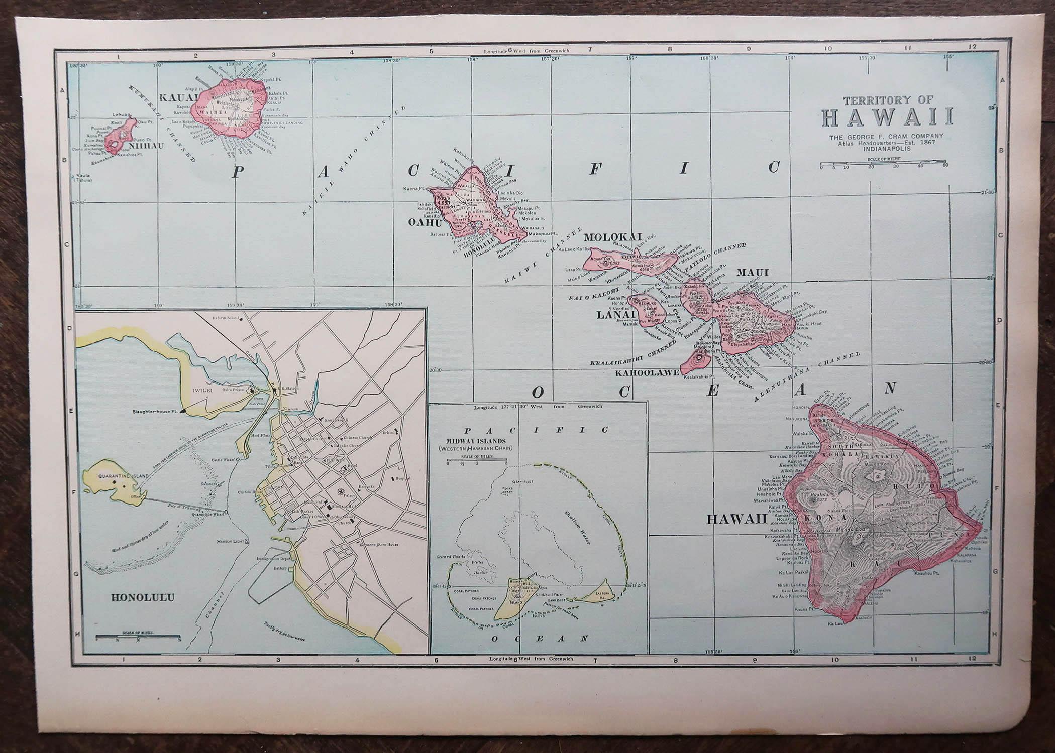 American Original Antique Map of Hawaii And Adjacent Islands. C.1900 For Sale