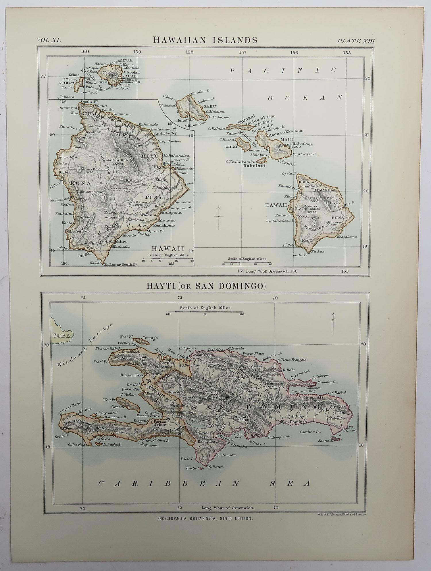 Victorian Original Antique Map of Hawaii and Hispaniola, 1889