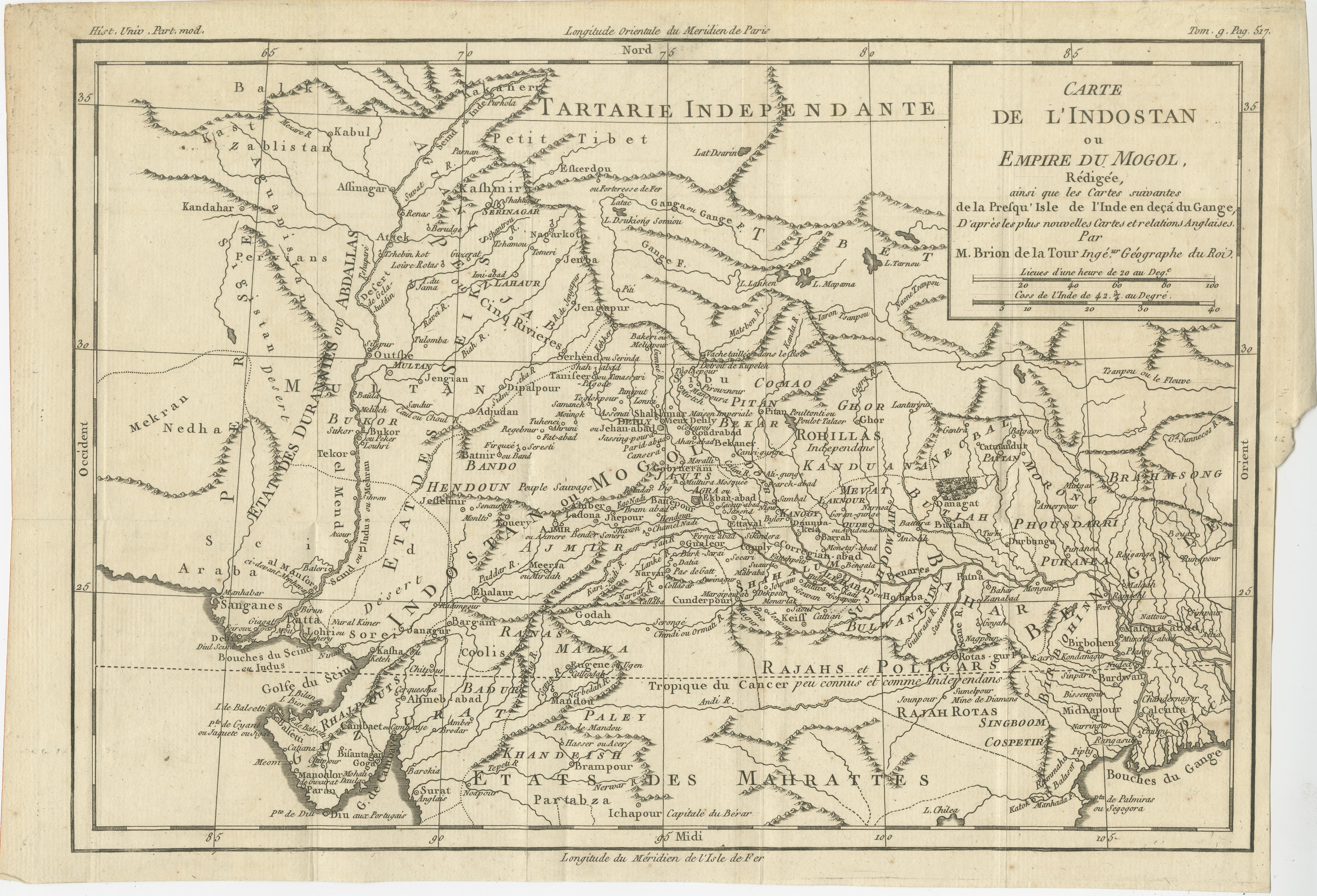 Antique map titled 'Carte de l'Indostan ou Empire du Mogol'. Original antique map of the Mughal Empire by Louis Brion de la Tour. This map originates from 'Histoire universelle, depuis le commencement du monde jusqu'a present; composee en anglois