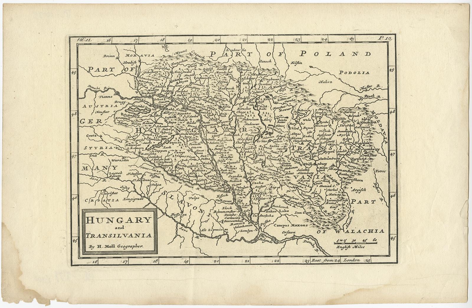 Antique map titled 'Hungary and Transilvania'. 

Original antique map of Hungary and Transylvania (modern day Romania), centered on Budapest.

Artists and Engravers: Herman Moll (1654 - 1732), was a London cartographer, engraver and publisher.