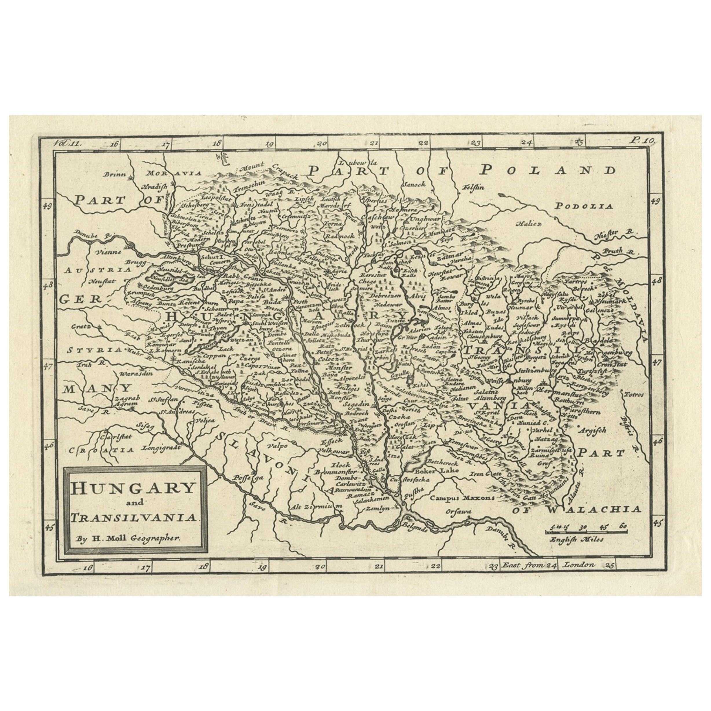 Mapa Antiguo Original de Hungría y Transilvania "Rumanía Actual", C.1710 en venta