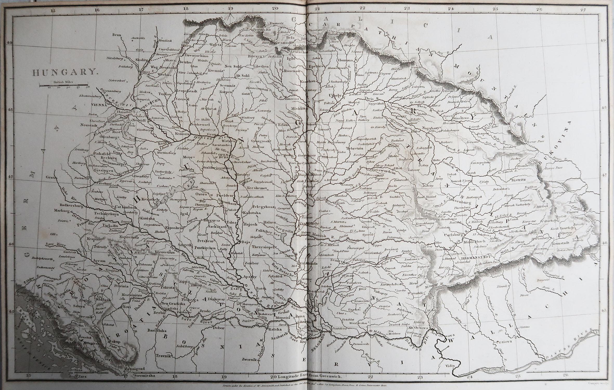 Great map of Hungary

Drawn under the direction of Arrowsmith.

Copper-plate engraving.

Published by Longman, Hurst, Rees, Orme and Brown, 1820

Unframed.