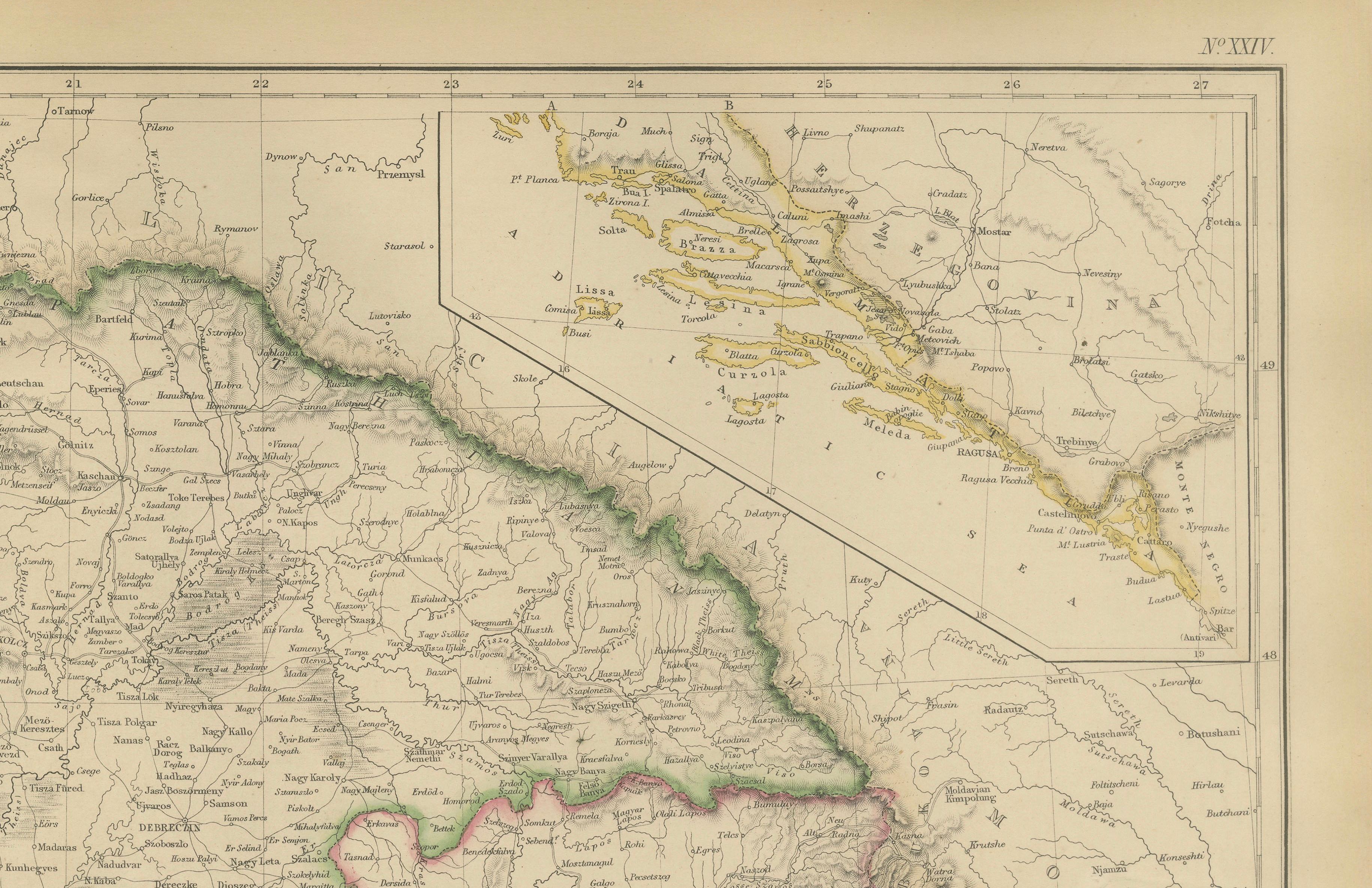 Original Antique Map of Hungary, Transylvania, Dalmatia & Croatia c.1860