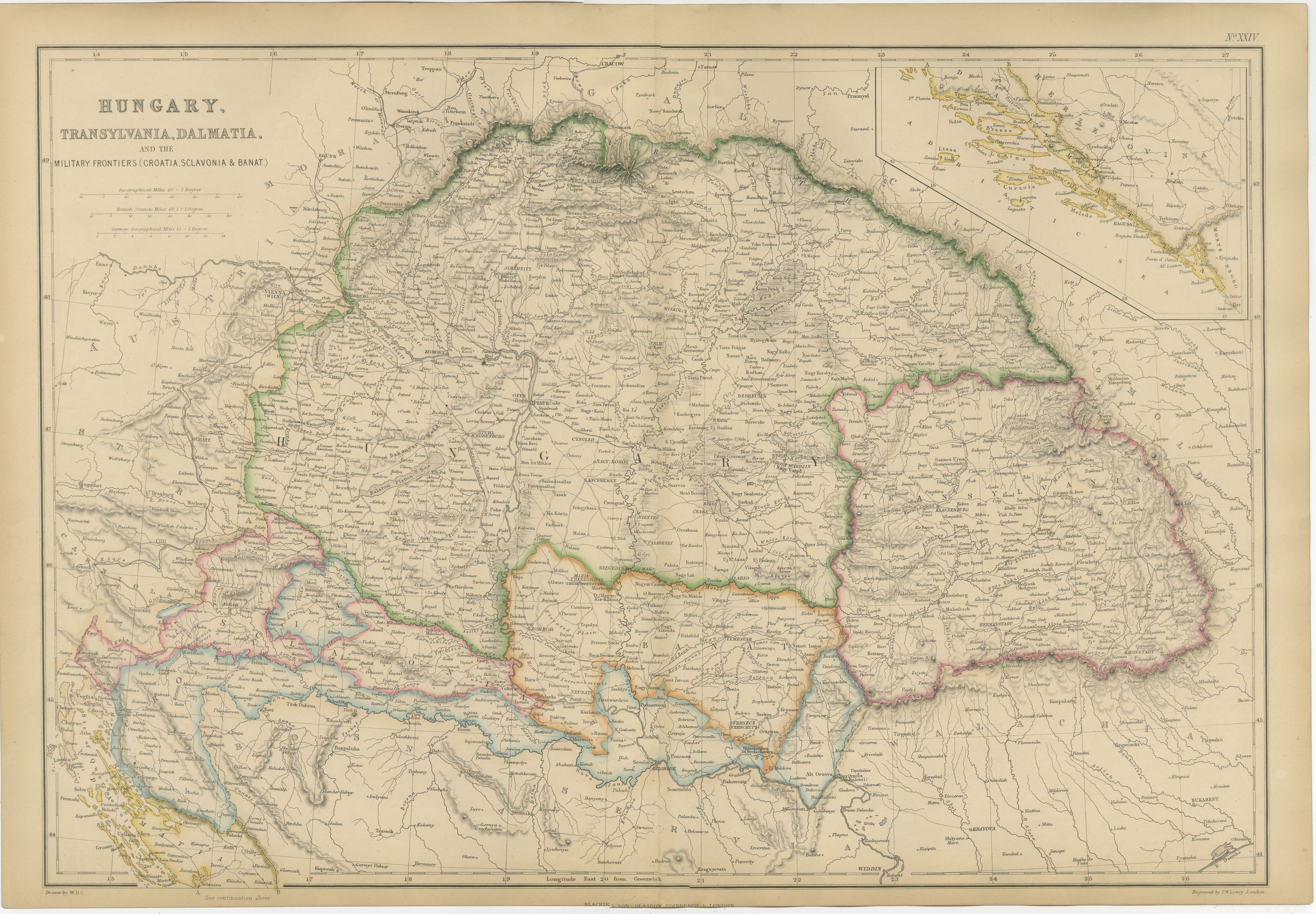 Original Antique Map of Hungary, Transylvania, Dalmatia & Croatia c.1860