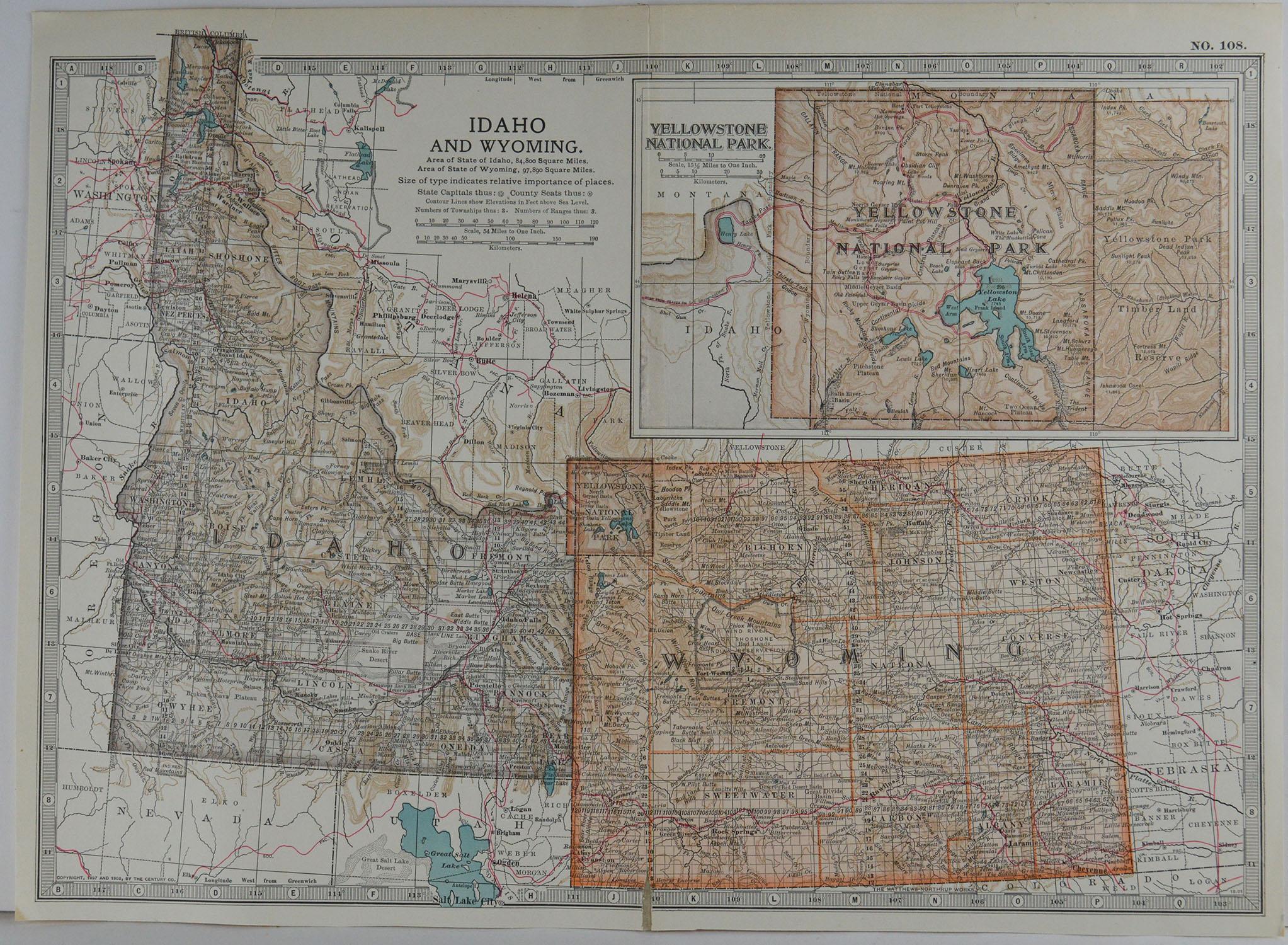 Great map of Idaho & Wyoming

Original Color.

Published circa 1890

Slight paper loss (see image)

Unframed.
 