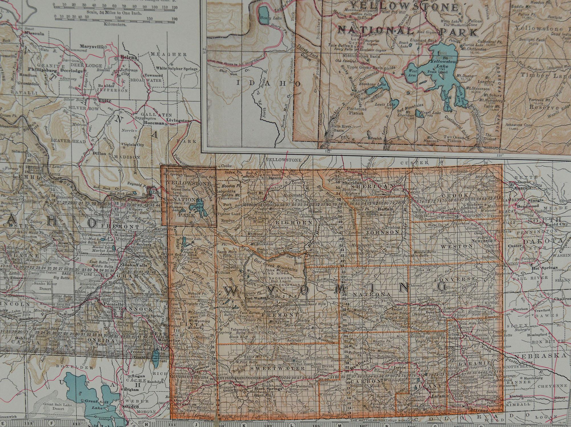 Other Original Antique Map of Idaho & Wyoming, circa 1890