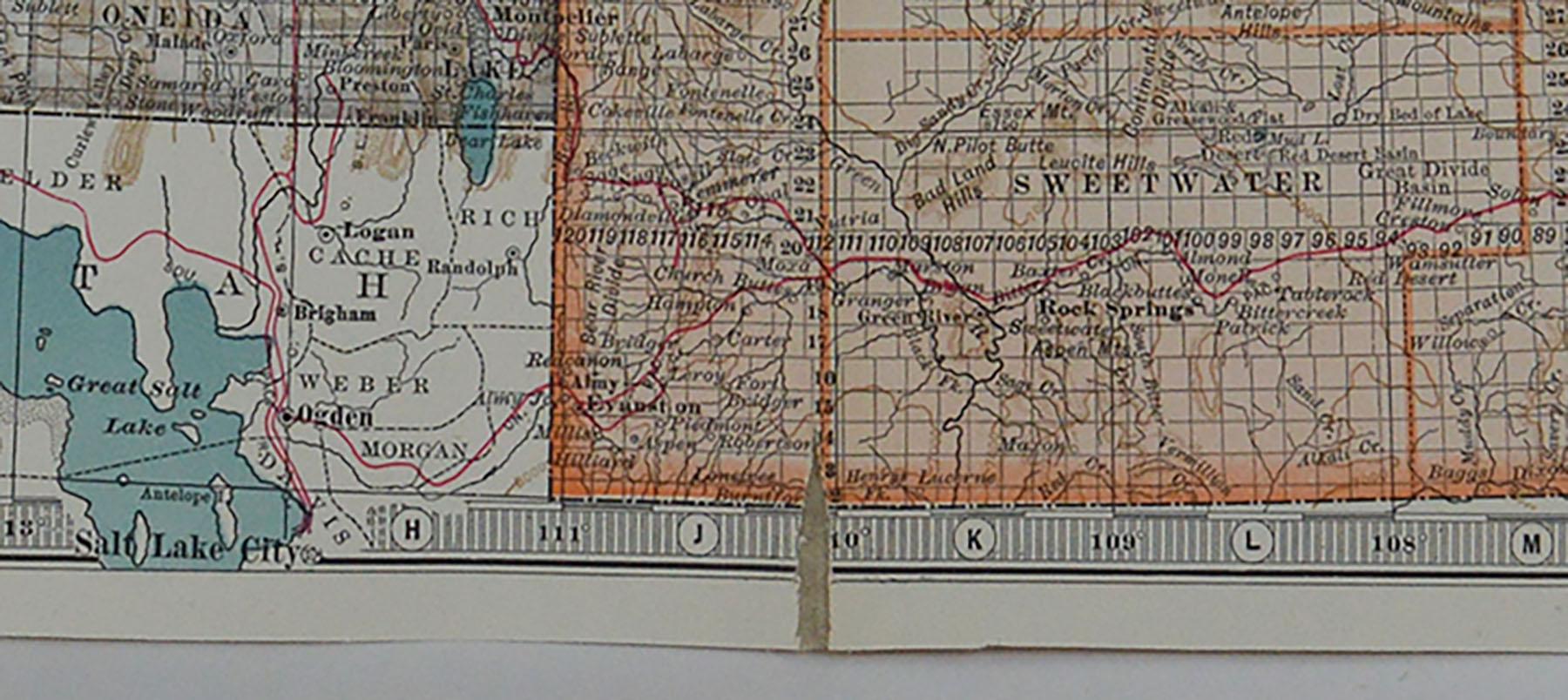 English Original Antique Map of Idaho & Wyoming, circa 1890