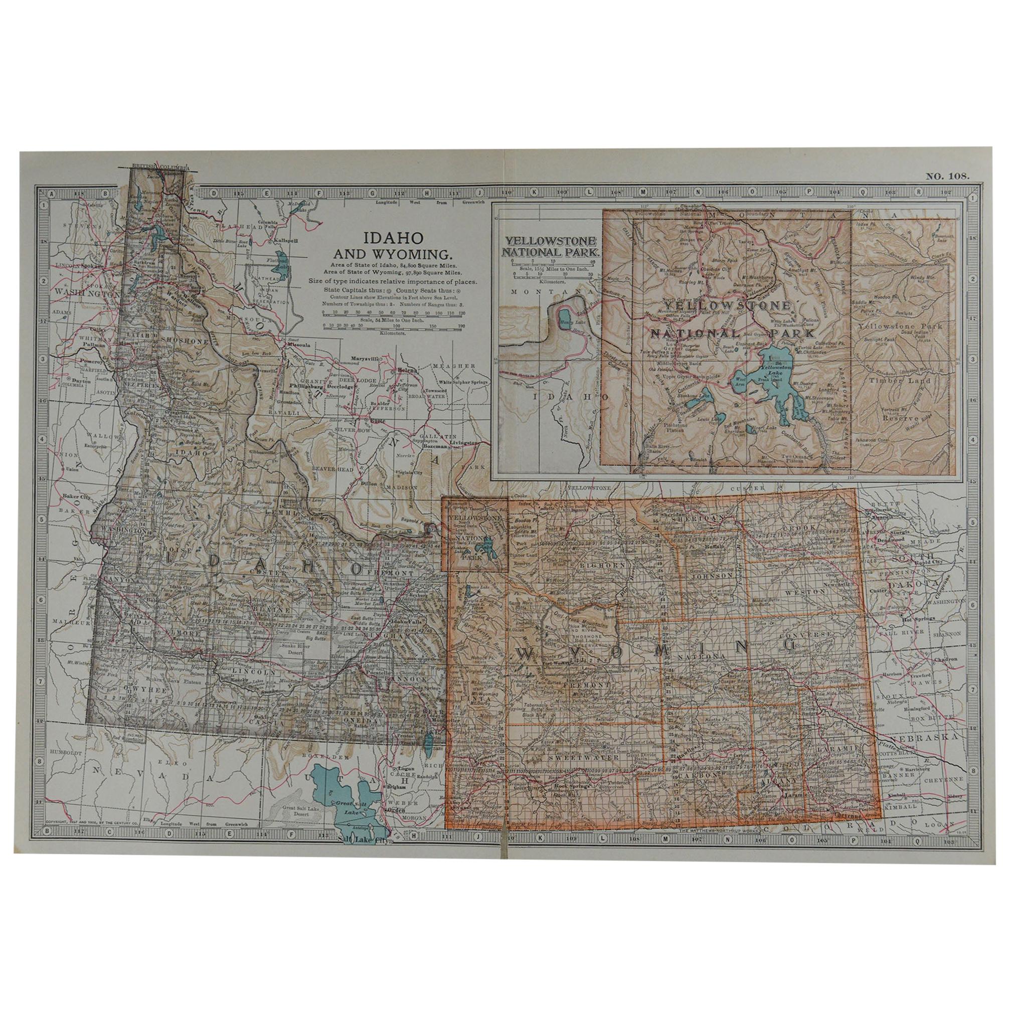 Original Antique Map of Idaho & Wyoming, circa 1890