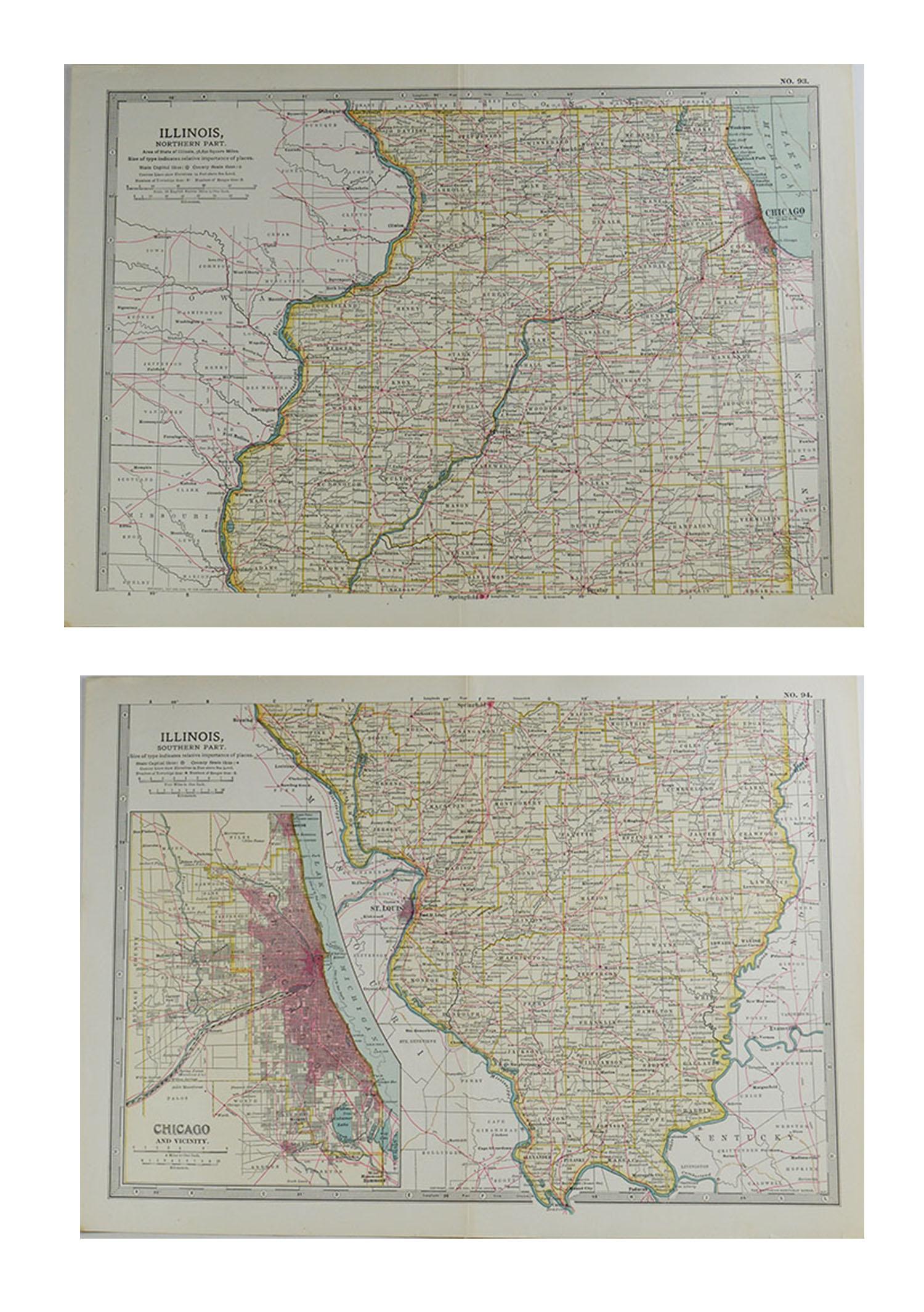 Great map of Illinois (in 2 parts)

Original color.

Published, circa 1890

The measurement given below is for one sheet

Unframed.
 