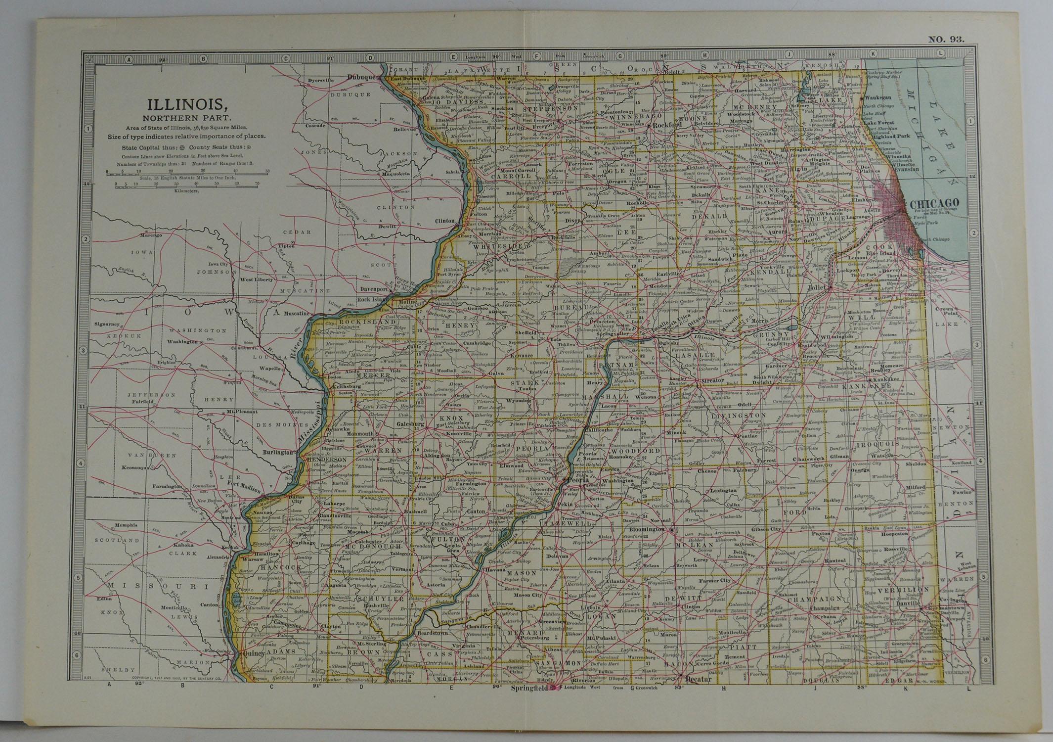Other Original Antique Map of Illinois, circa 1890