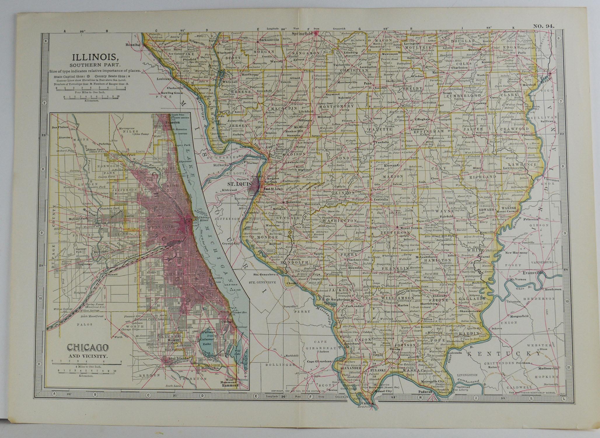 English Original Antique Map of Illinois, circa 1890