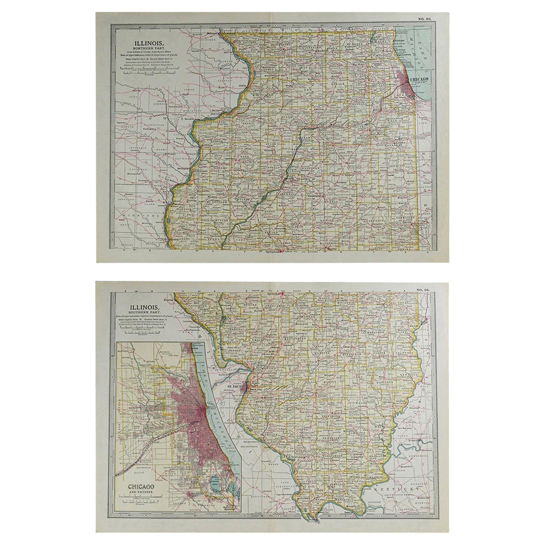Original Antique Map of Illinois, circa 1890