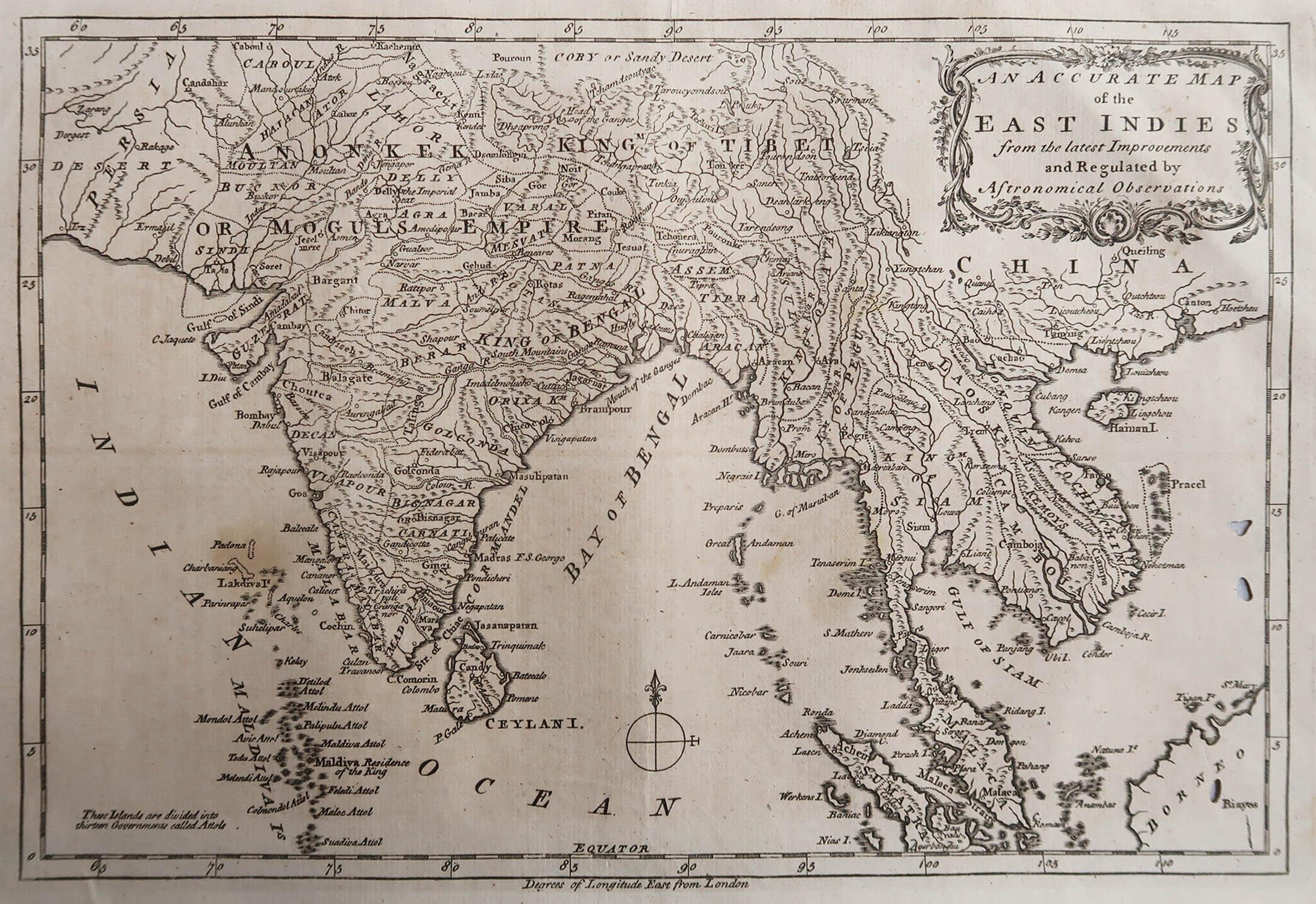 Great map of India 

Copper-plate engraving 

Published C.1780

Three small worm holes to right side of map and one bottom left corner

Unframed.