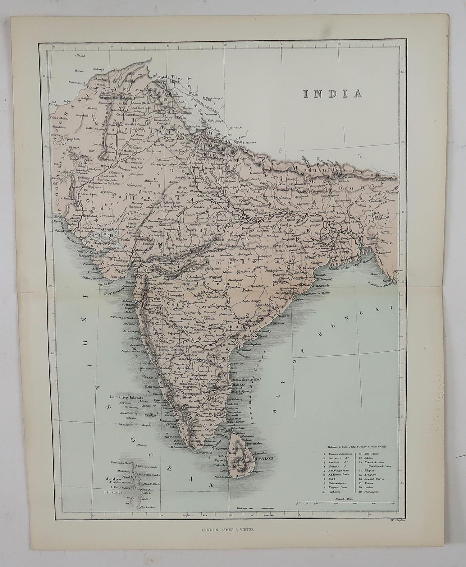 English Original Antique Map of India, circa 1850