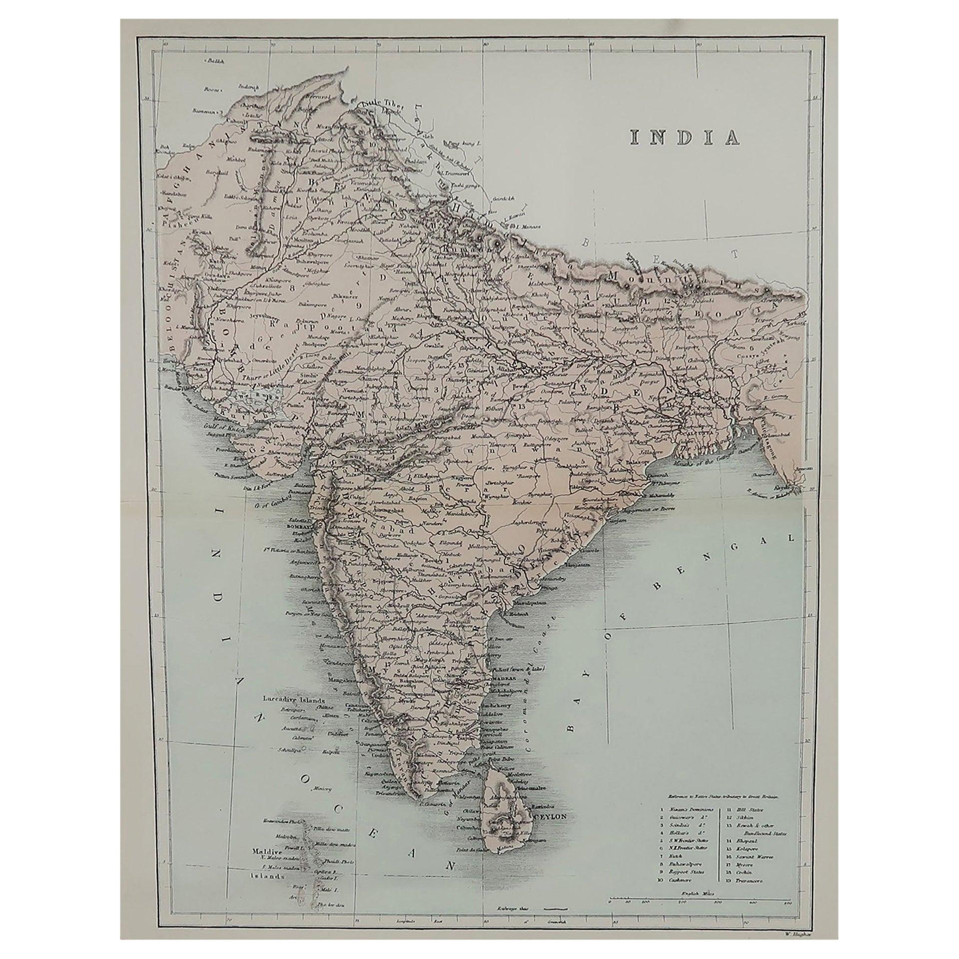 Original Antique Map of India, circa 1850