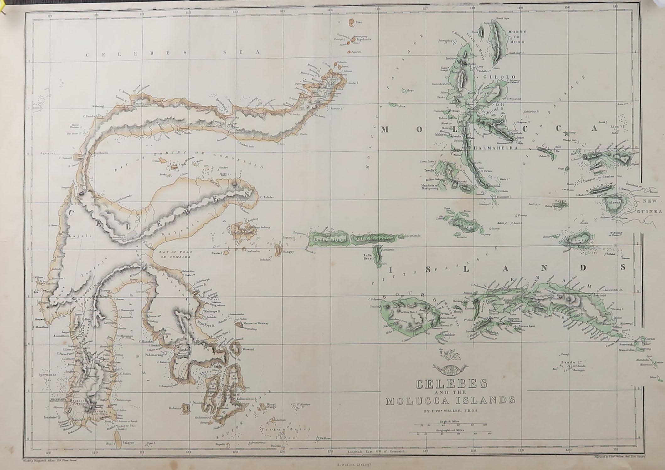Great map of Indonesia

Drawn and engraved by Edward Weller

Original color 

Published in The Weekly Dispatch Atlas, 1861

Repairs to minor edge tears and some abrasions to top edge.

Some creases.

Unframed.








 