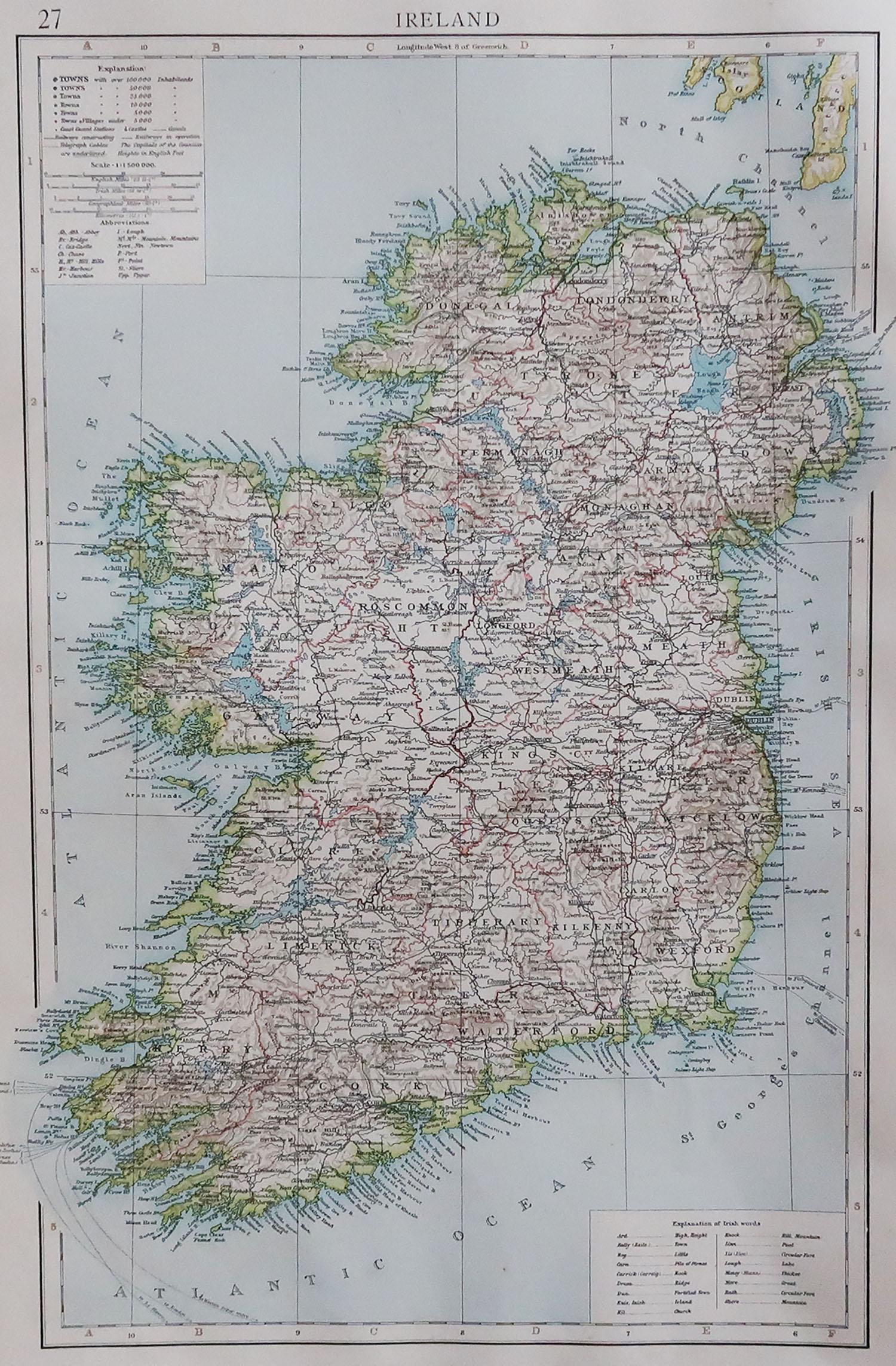 Great map of Ireland

Lithograph. Original color. 

Published by Bartholomew, Edinburgh. C.1900

Unframed.












