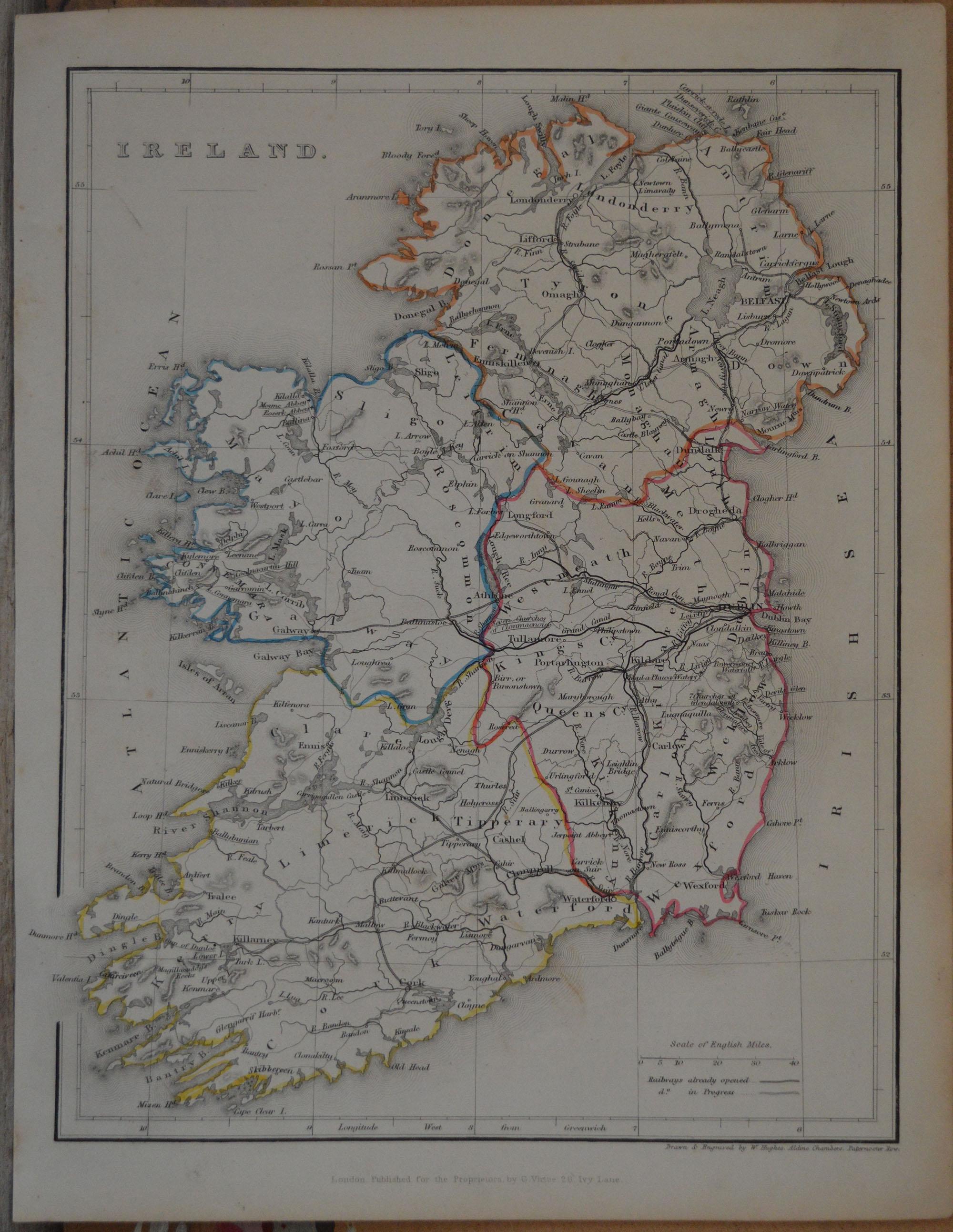 Great map of Ireland

Steel engraving with original color outline

Drawn and engraved by W.Hughes

Published by Virtue circa 1840.

Unframed.

    