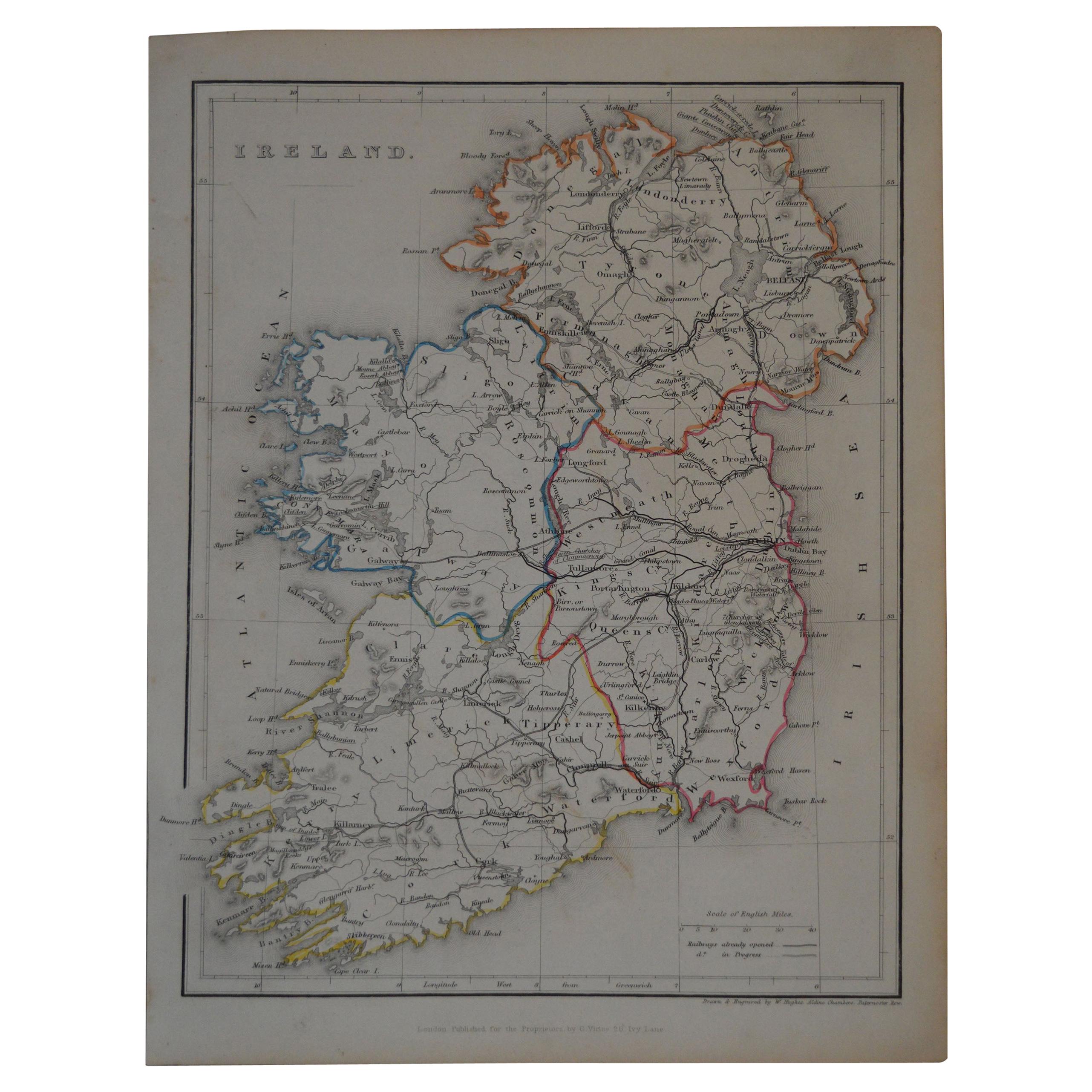 Original Antique Map of Ireland by Hughes, circa 1840