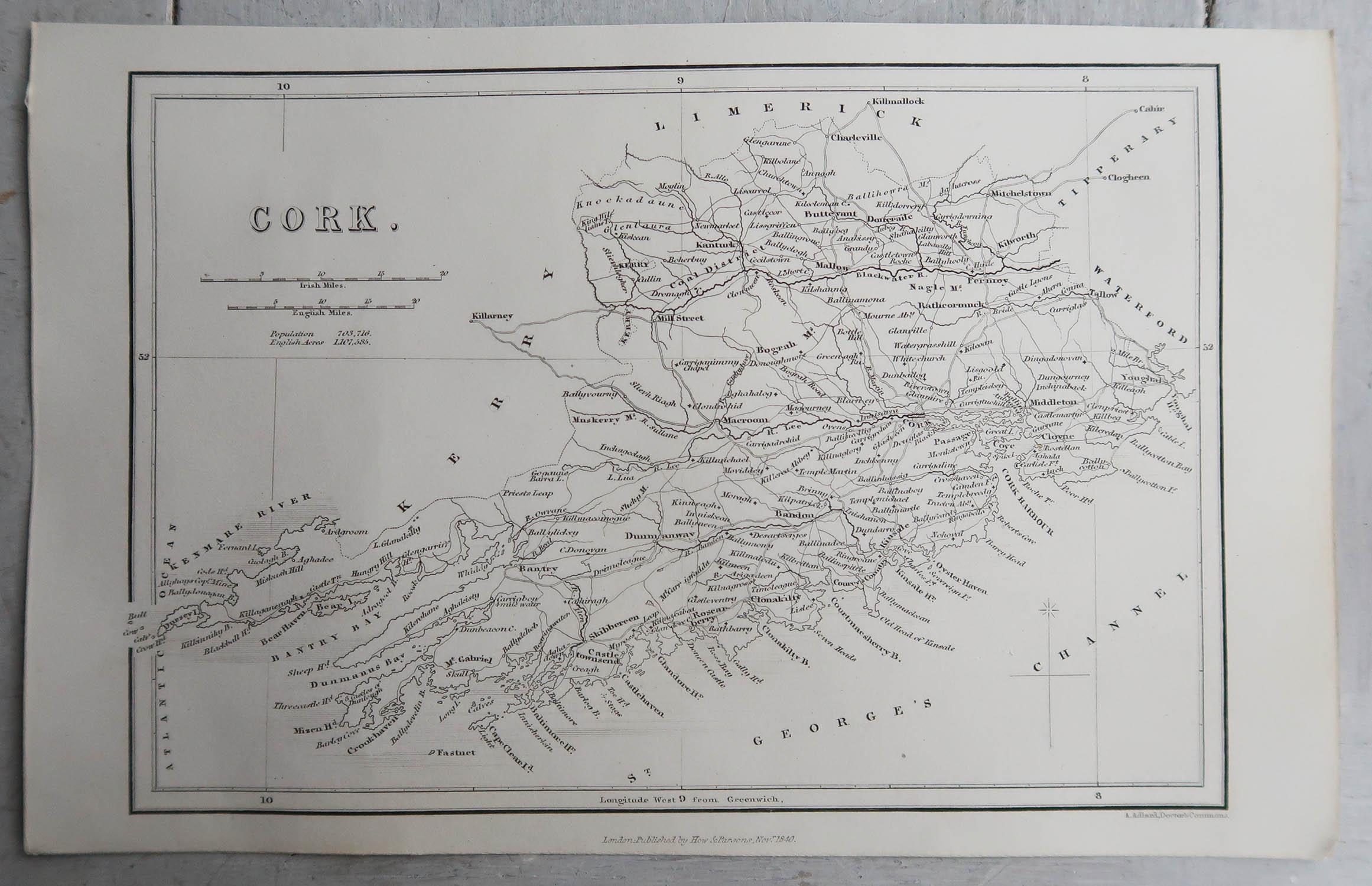 English Original Antique Map of Ireland, Cork. C.1840