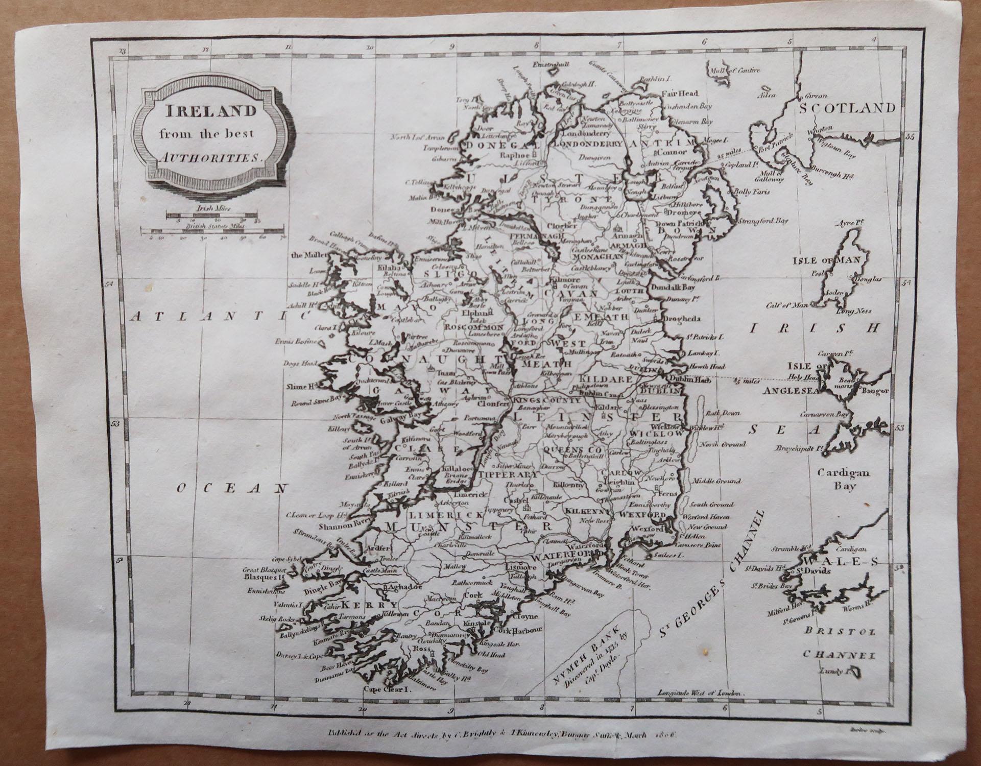 English Original Antique Map of Ireland, Engraved by Barlow, Dated 1806