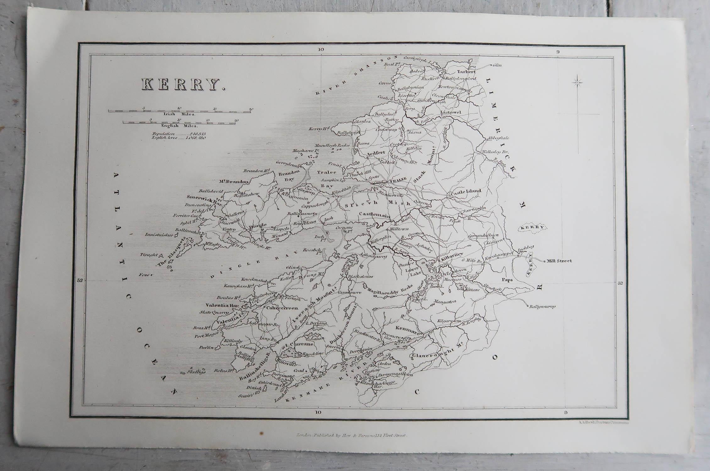 English Original Antique Map of Ireland- Kerry. C.1840 For Sale