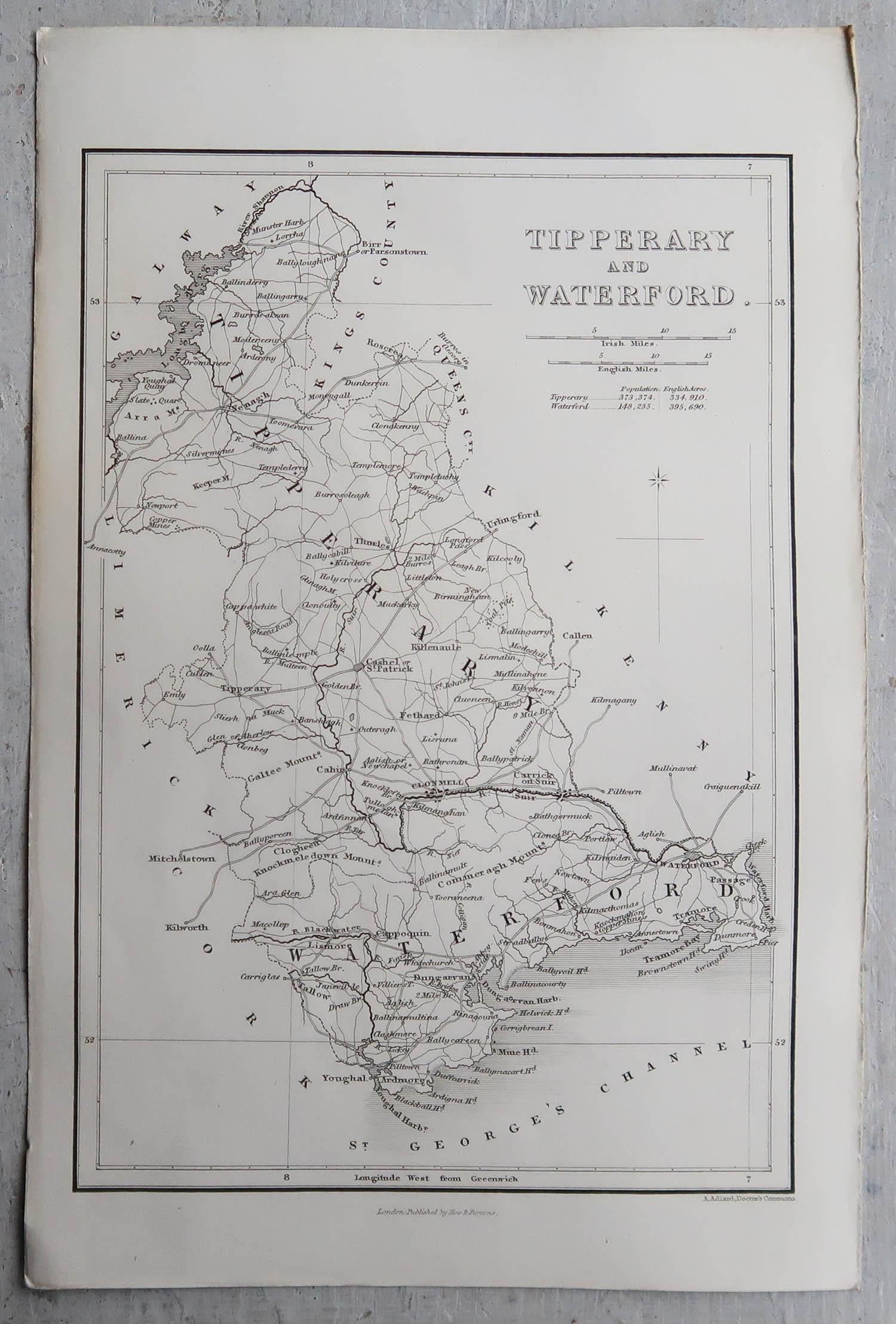 Anglais Carte ancienne originale d'Irlande- Tipperary et Waterford. C.1840 en vente